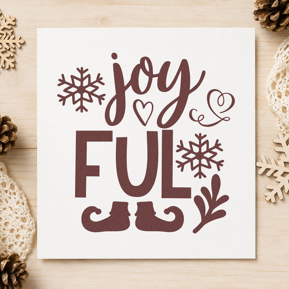 Joyful Elf Boots Snowflakes rubber stamp printed in brown ink, ready for section break sheet and similar paper crafts.