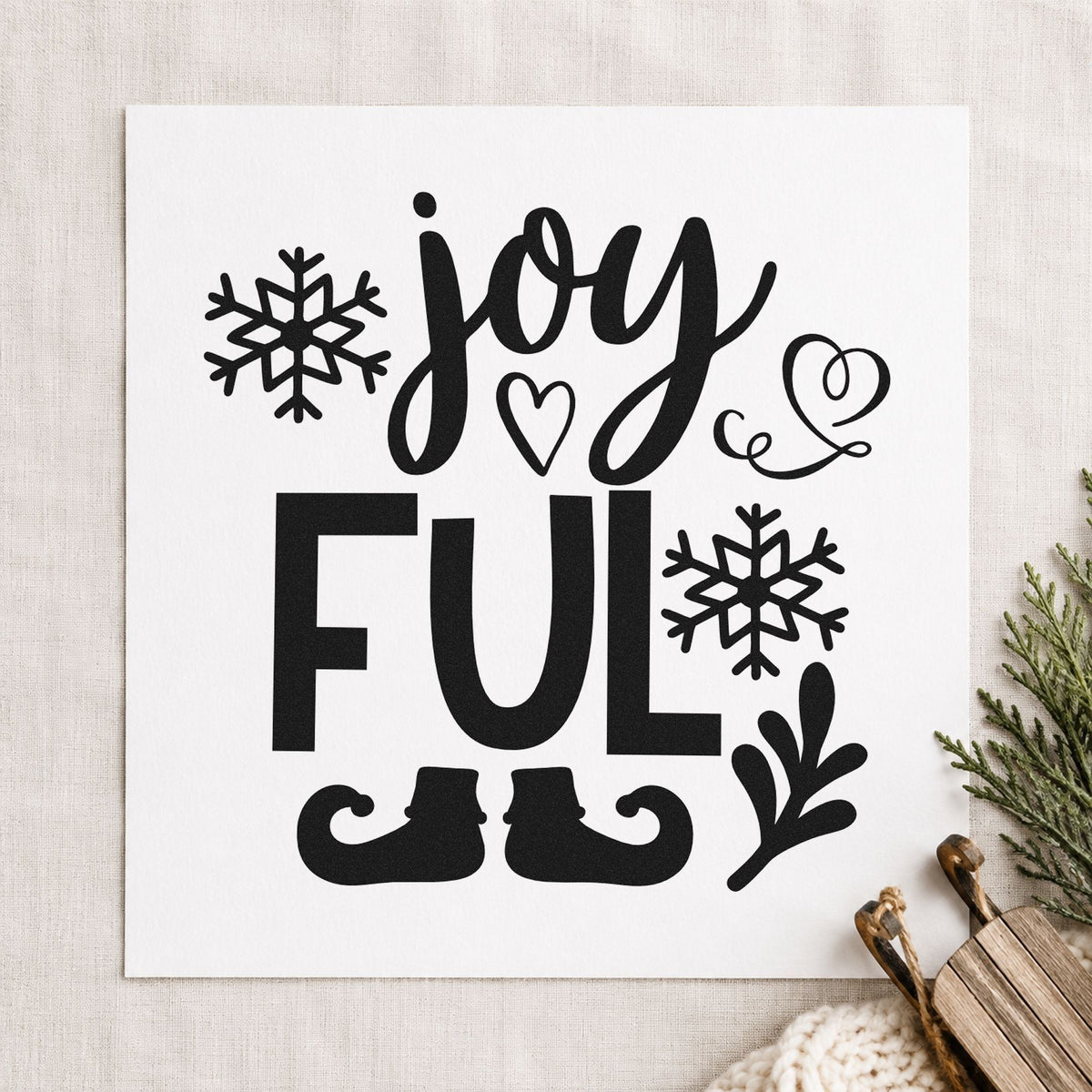 Joyful Elf Boots Snowflakes rubber stamp printed in black ink, ready for split word cards and similar paper crafts.