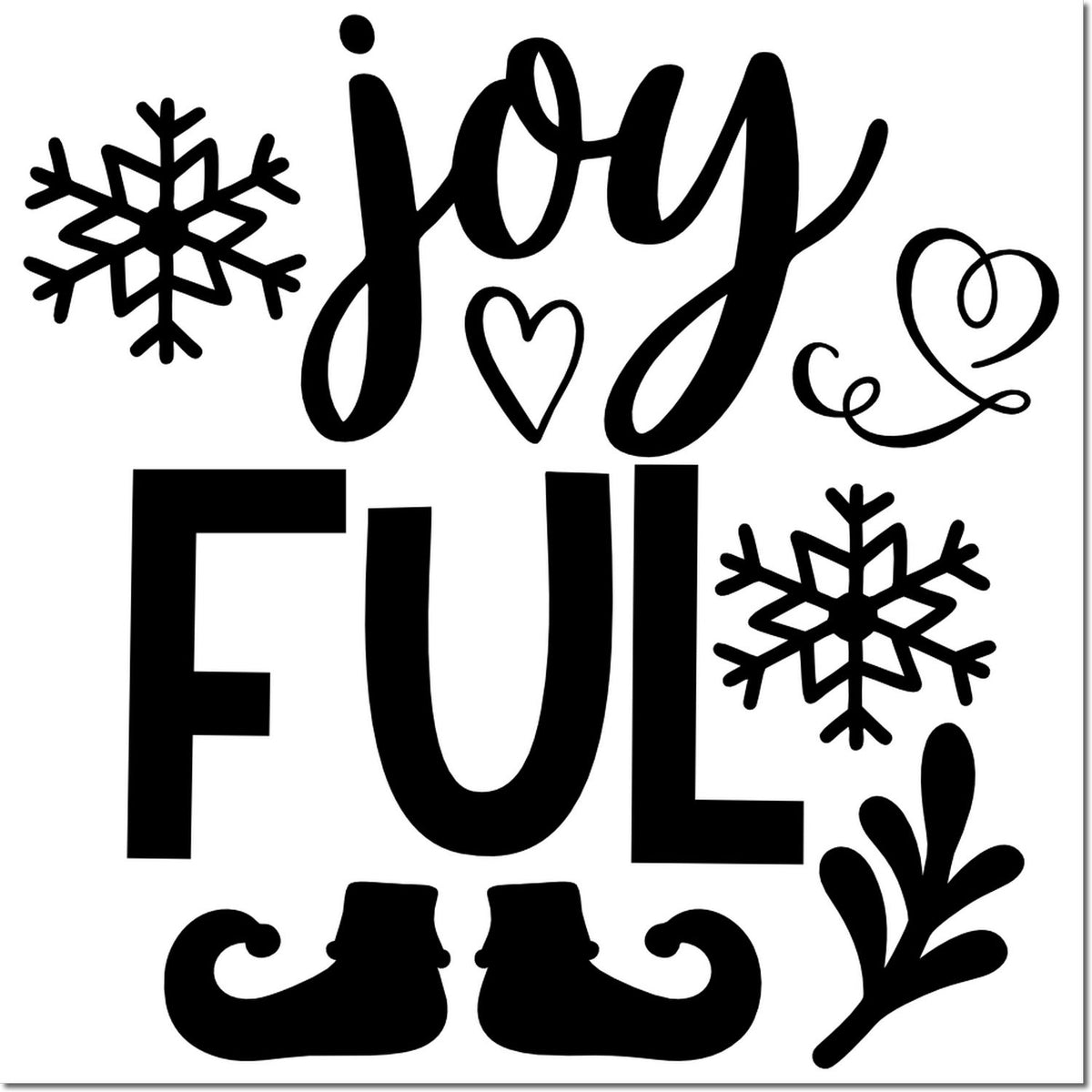 Black holiday stamp and seal design with joyful, snowflakes, heart, ice skates, and holly accents on white.