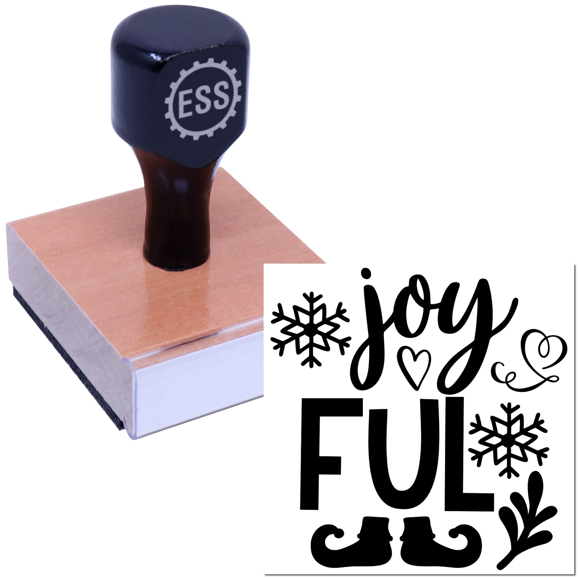 Black custom stamp and seal on a wooden block, showing JOYFUL FULL with snowflakes, heart, and swirls.