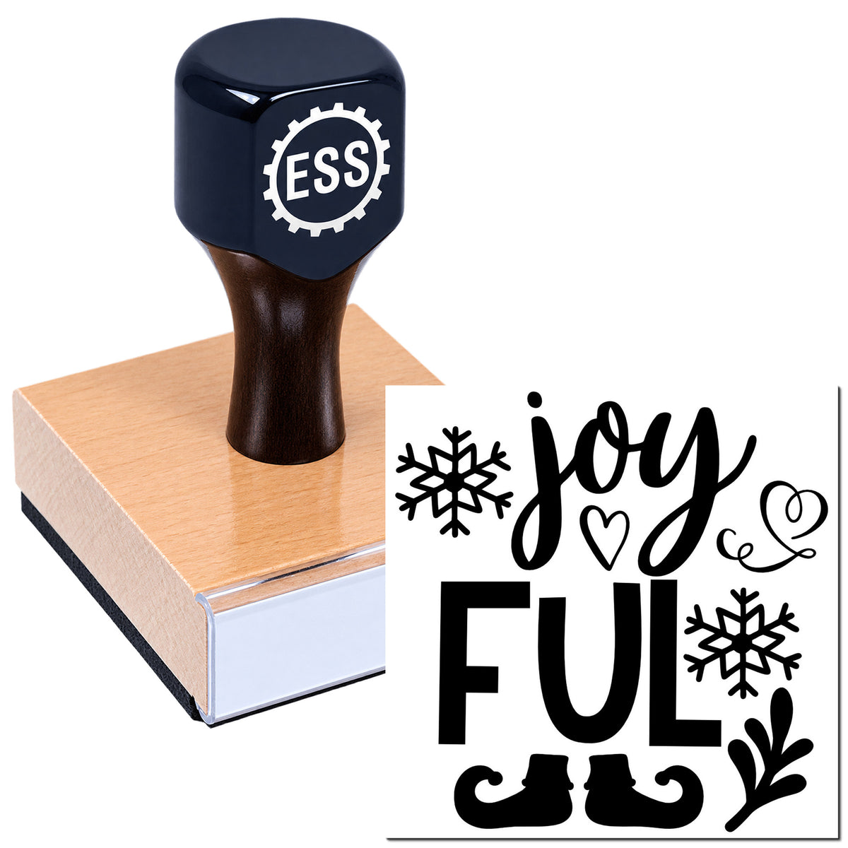 Black custom stamp and seal on a wooden block, showing "JOYFUL FULL" with snowflakes, heart, and swirls.