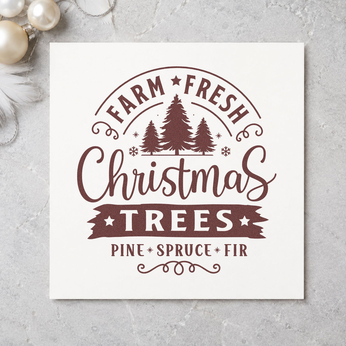 Farm Fresh Christmas Tree Sign rubber stamp printed in brown ink, ready for species list sheet and similar paper crafts.