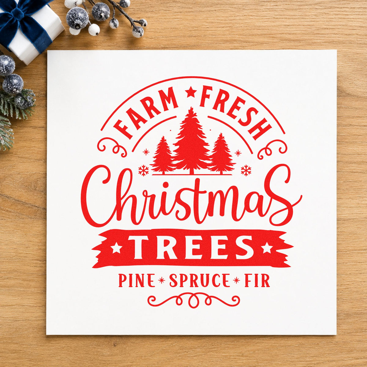 Farm Fresh Christmas Tree Sign craft stamp in red ink on cardstock, an easy option for grain sack printing.