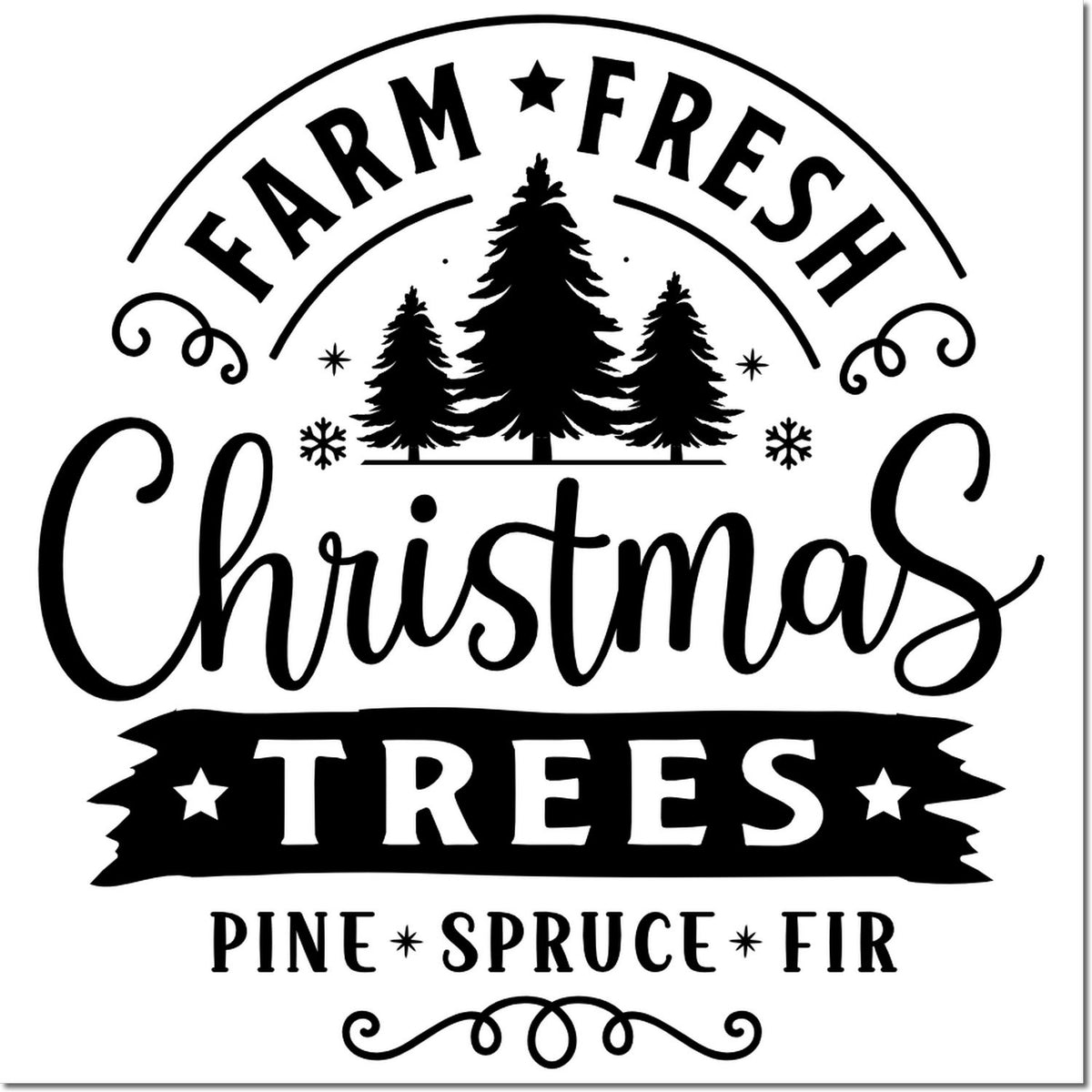 Black-and-white Christmas tree stamp seal with pine, spruce and fir text, three evergreen silhouettes, and decorative swirls.