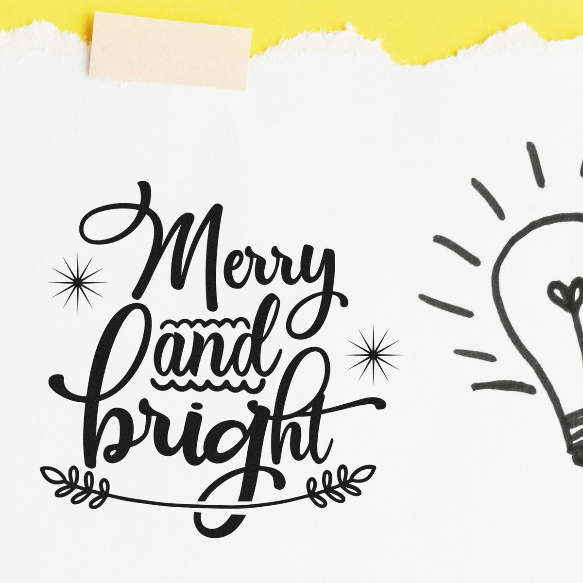 Black Merry and bright stamp and seal design with stars and leafy accents on white, beneath a yellow torn-paper border.