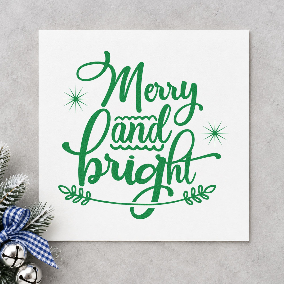 Merry And Bright Flourish craft stamp imprinted in green ink on paper, a design suited to framed metallic print.