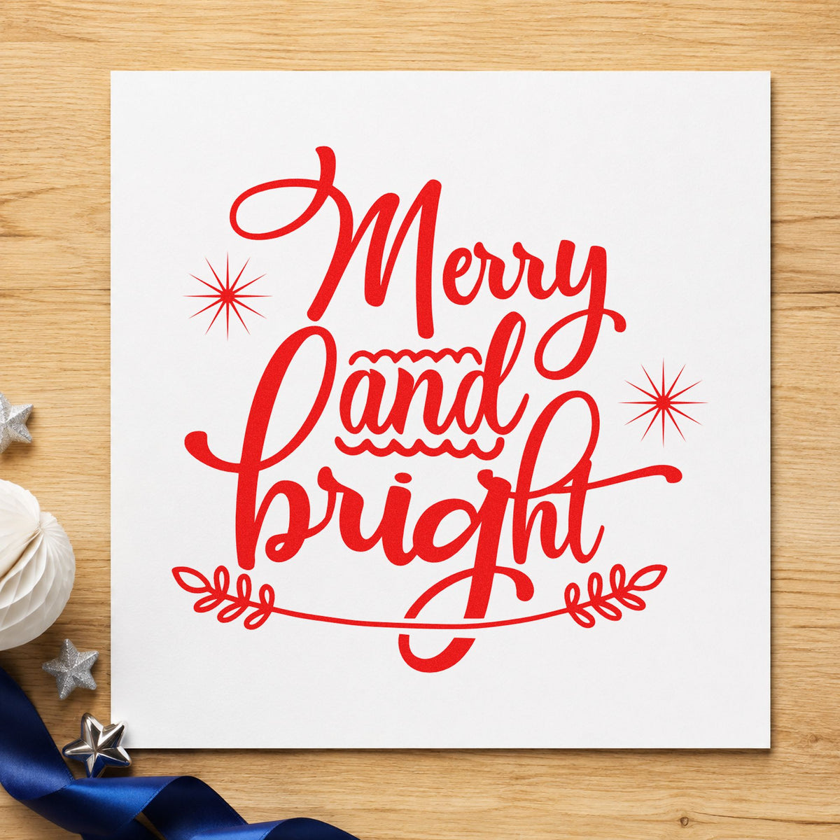 Merry And Bright Flourish rubber stamp shown in red ink, stamped for projects such as candle jar labels.