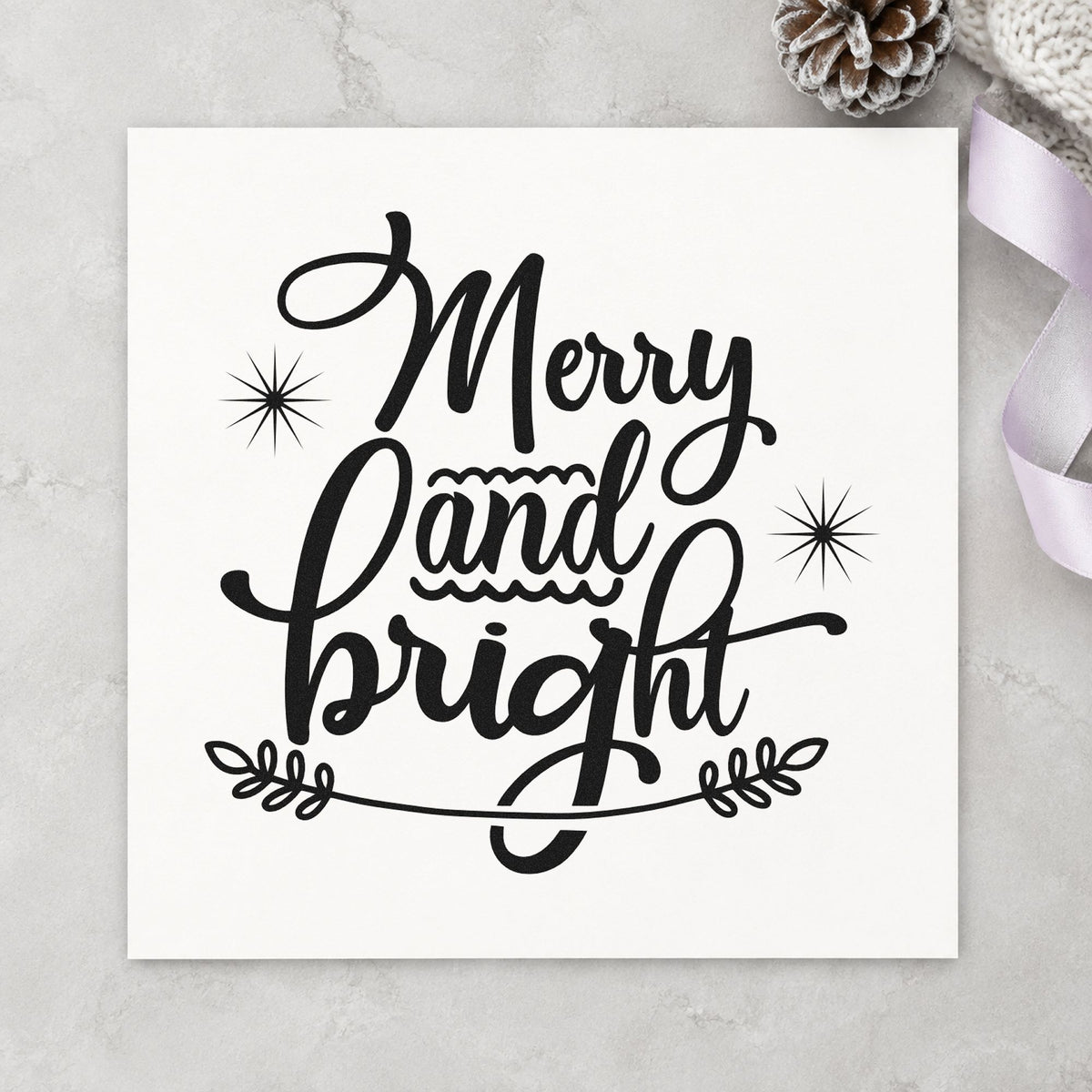 Merry And Bright Flourish rubber stamp printed in black ink, ready for starburst glow cards and similar paper crafts.