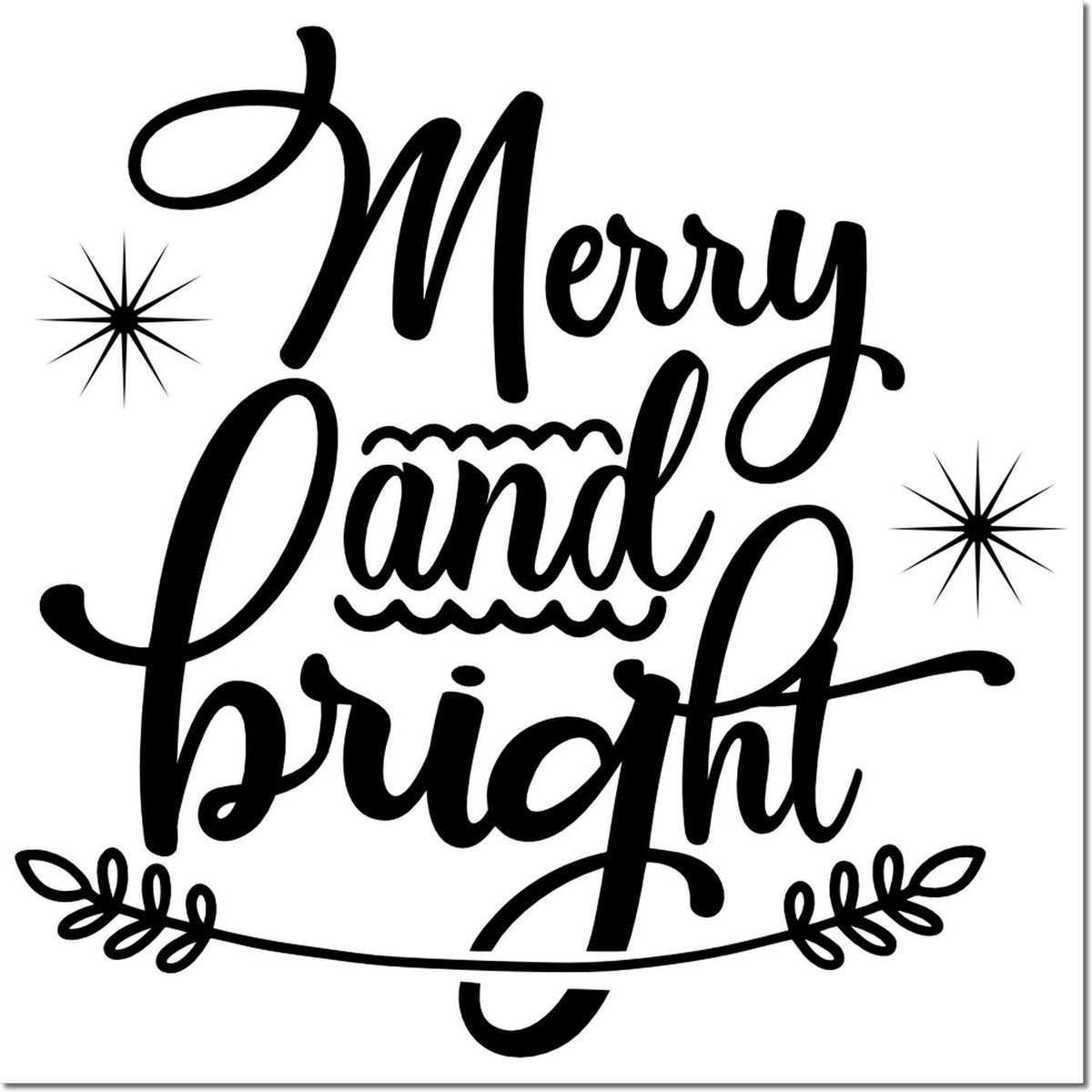 Black Merry and Bright holiday stamp/seal design with script lettering, starbursts, and leafy accents on white.