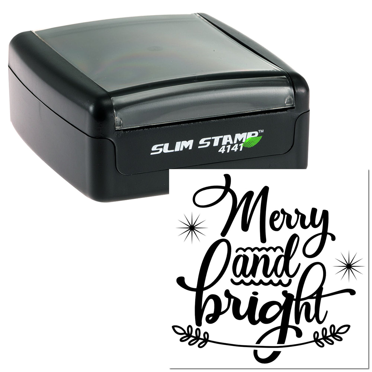 Black self-inking stamp with Merry and bright holiday seal design in black on white.