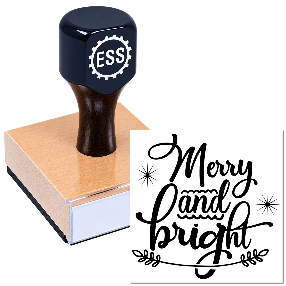 Dark navy ESS self-inking stamp on copper base with black Merry and bright seal design