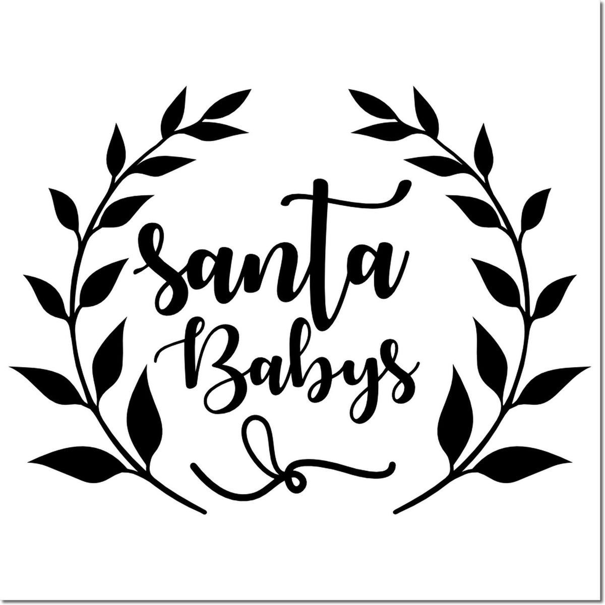 Black Santa Babys stamp and seal design with leafy laurel wreath on white background.