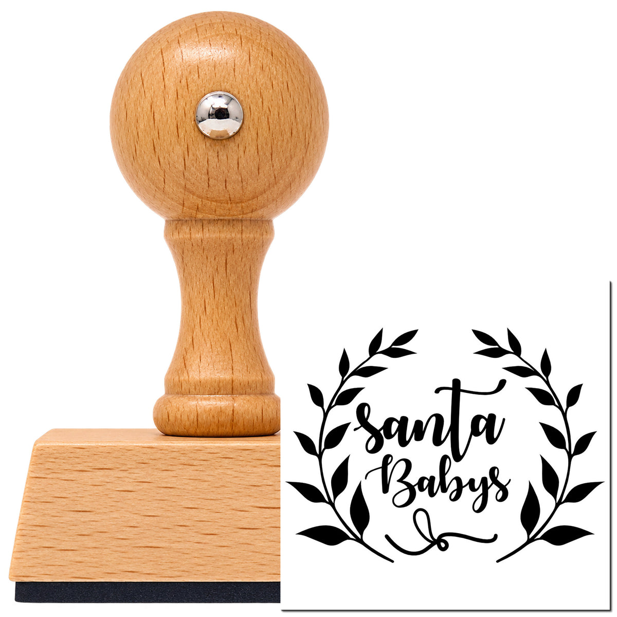 Vintage Pro beech wood stamp with a round knob handle, shown with its black Santa Babys Leaf Wreath imprint on white.