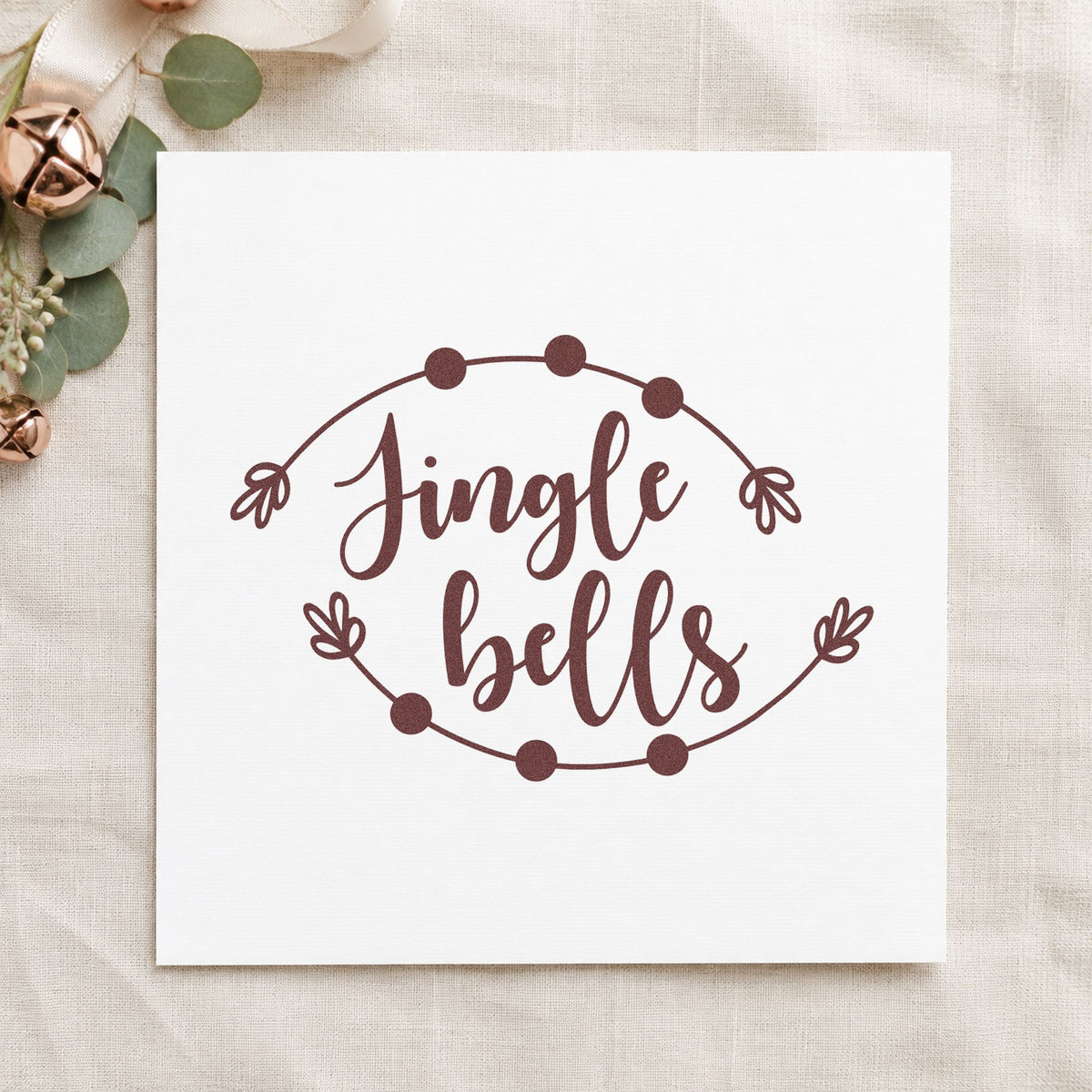 Jingle Bells Round Branch Frame rubber stamp printed in brown ink, ready for seal of approval page and similar paper crafts.