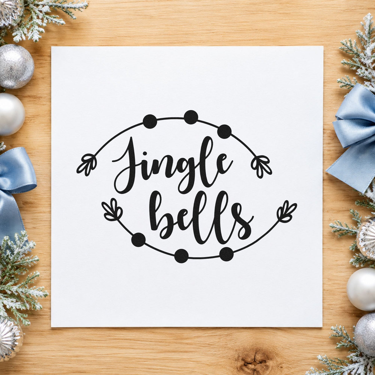 Jingle Bells Round Branch Frame rubber stamp printed in black ink, ready for thin circle cards and similar paper crafts.