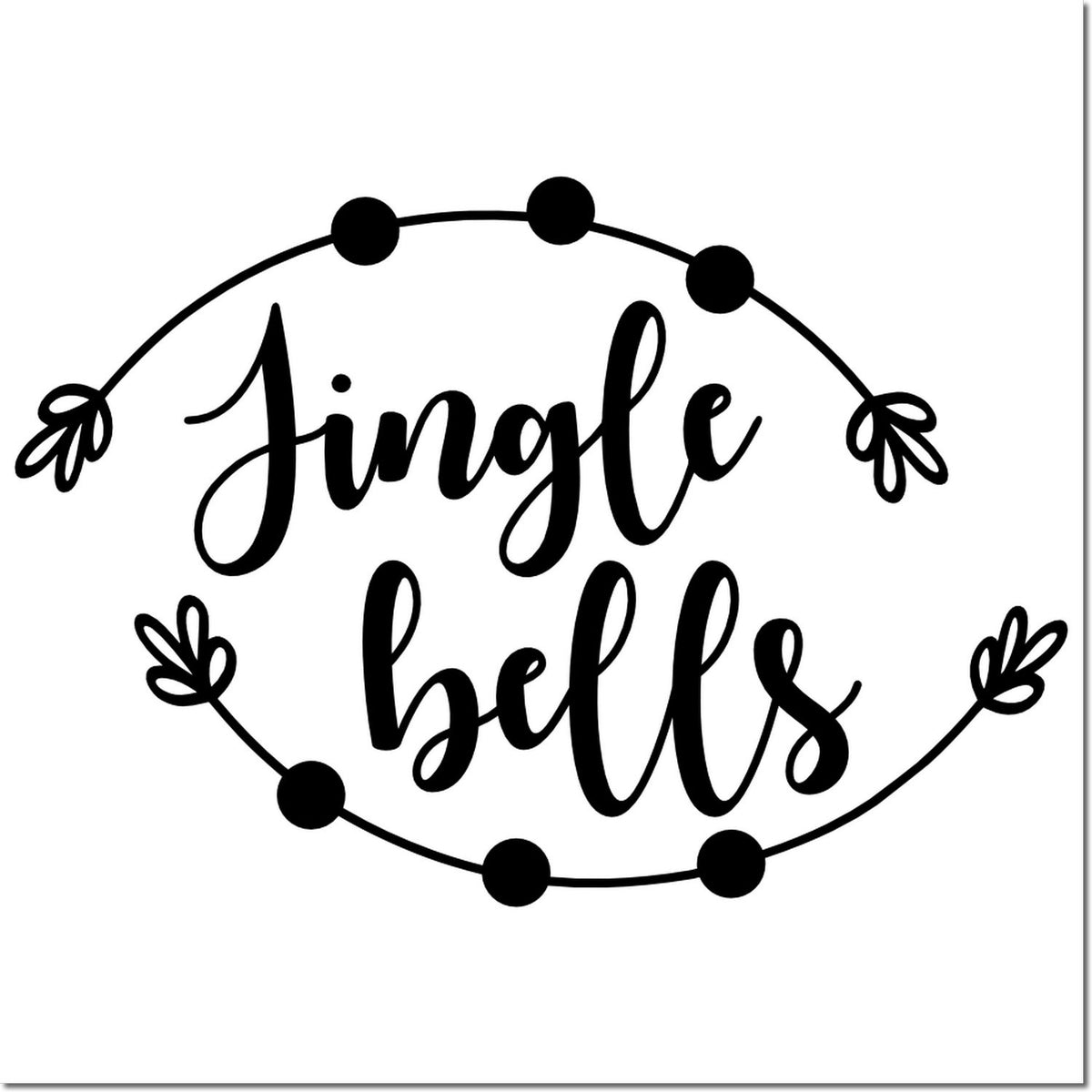 Black Jingle Bells stamp seal design in cursive, framed by an oval with dots and leaf accents on white background.