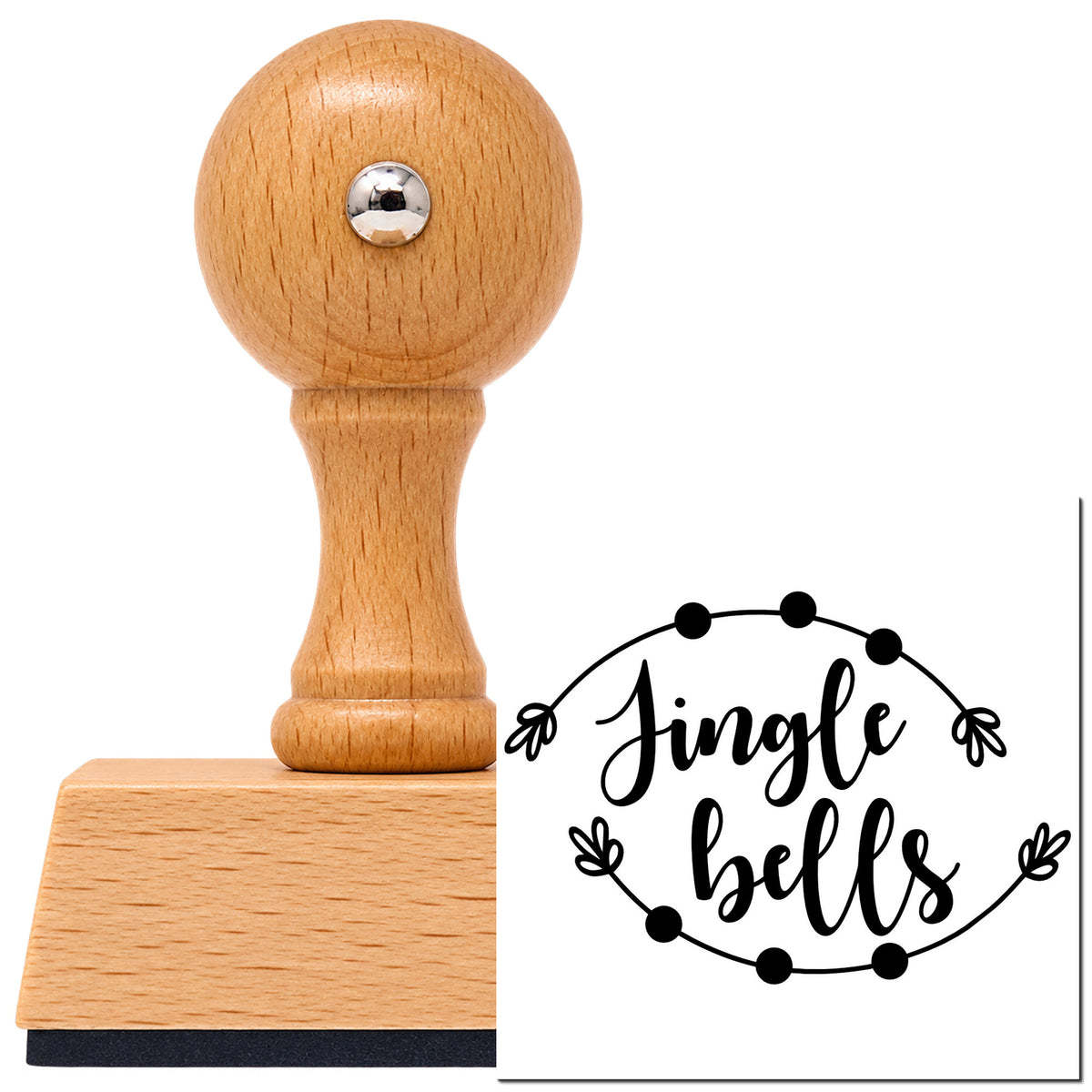 Vintage Pro beech wood stamp with a round knob handle, shown with its black Jingle Bells Round Branch Frame imprint on white.