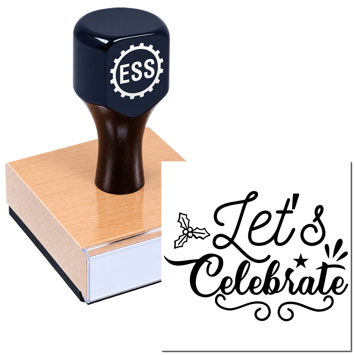 Dark navy ESS stamp on a wooden block beside a black "Let's Celebrate" decorative seal design on white.