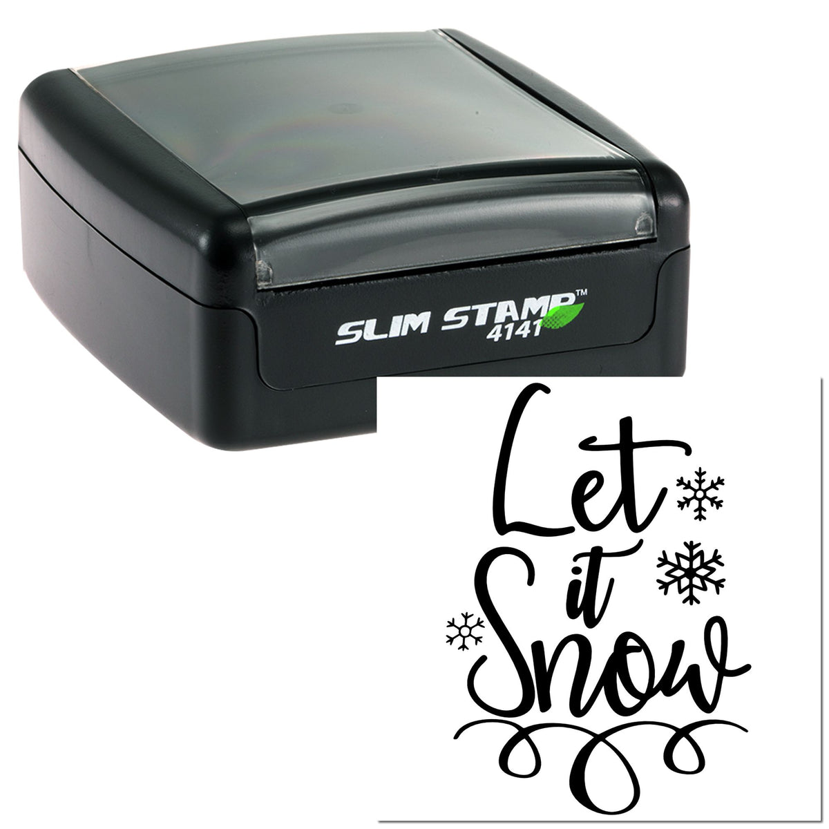 Black Slim Stamp self-inking seal with transparent gray cover and Let it Snow script with snowflakes.