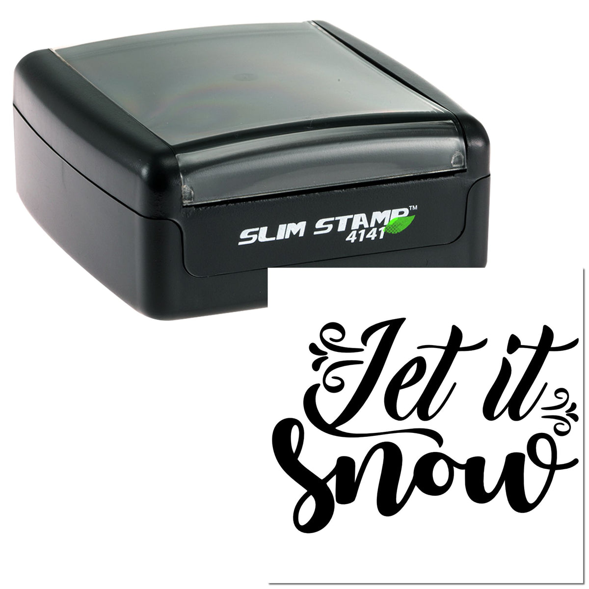 Black Slim Stamp 4141 self-inking stamp with gray lid and decorative Let it snow seal in black script.