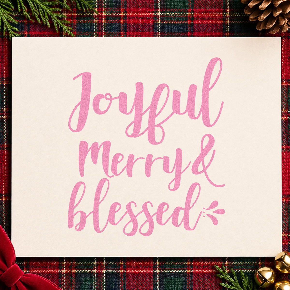 Joyful Merry And Blessed craft stamp in purple ink on cardstock, an easy option for blessing album page.