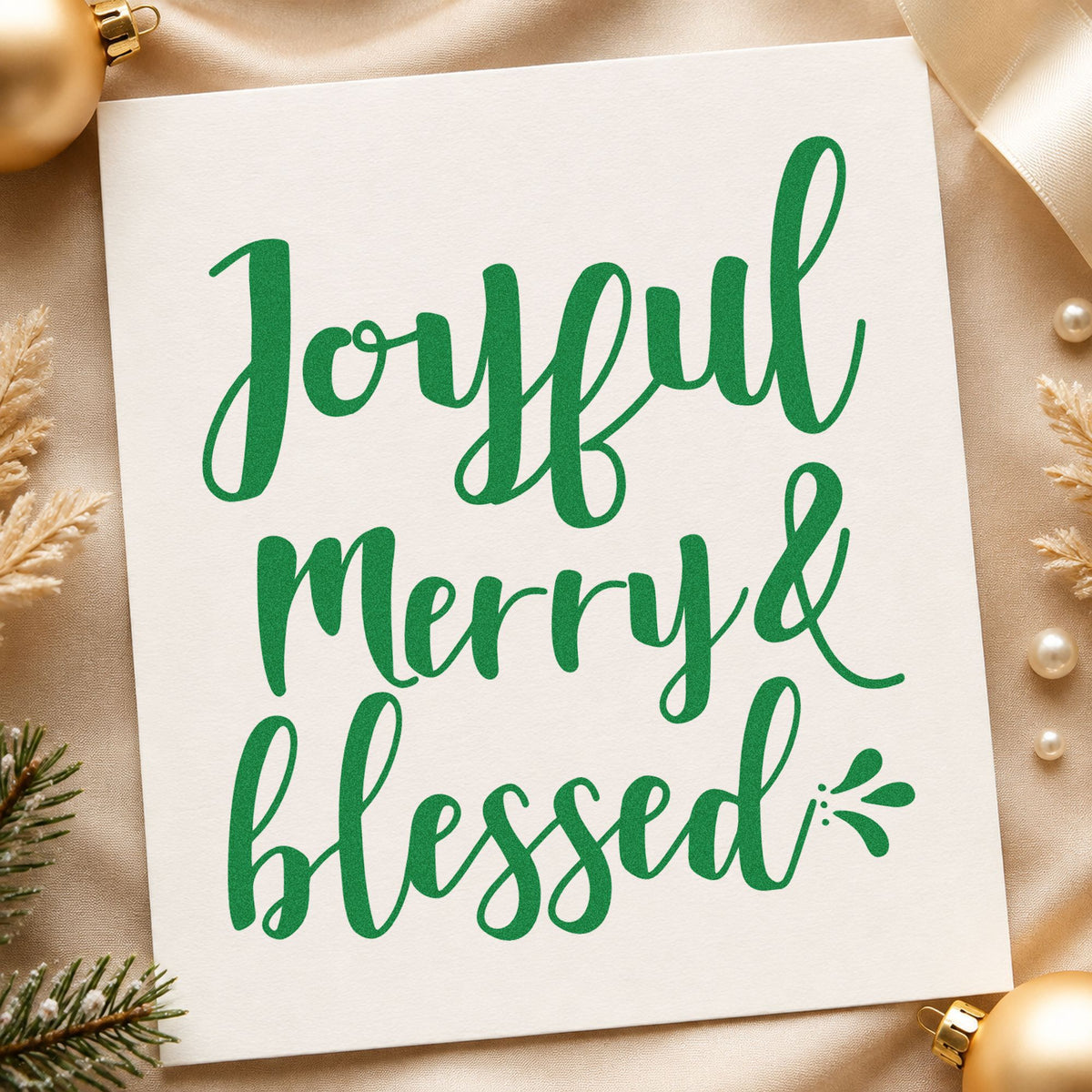 Joyful Merry And Blessed craft stamp imprint in green ink on a handmade project, one idea being ministry gift tags.