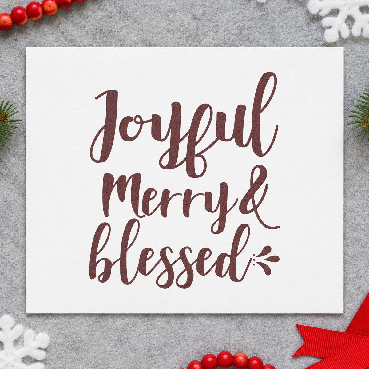 Joyful Merry And Blessed rubber stamp printed in brown ink, ready for prayer list sheet and similar paper crafts.