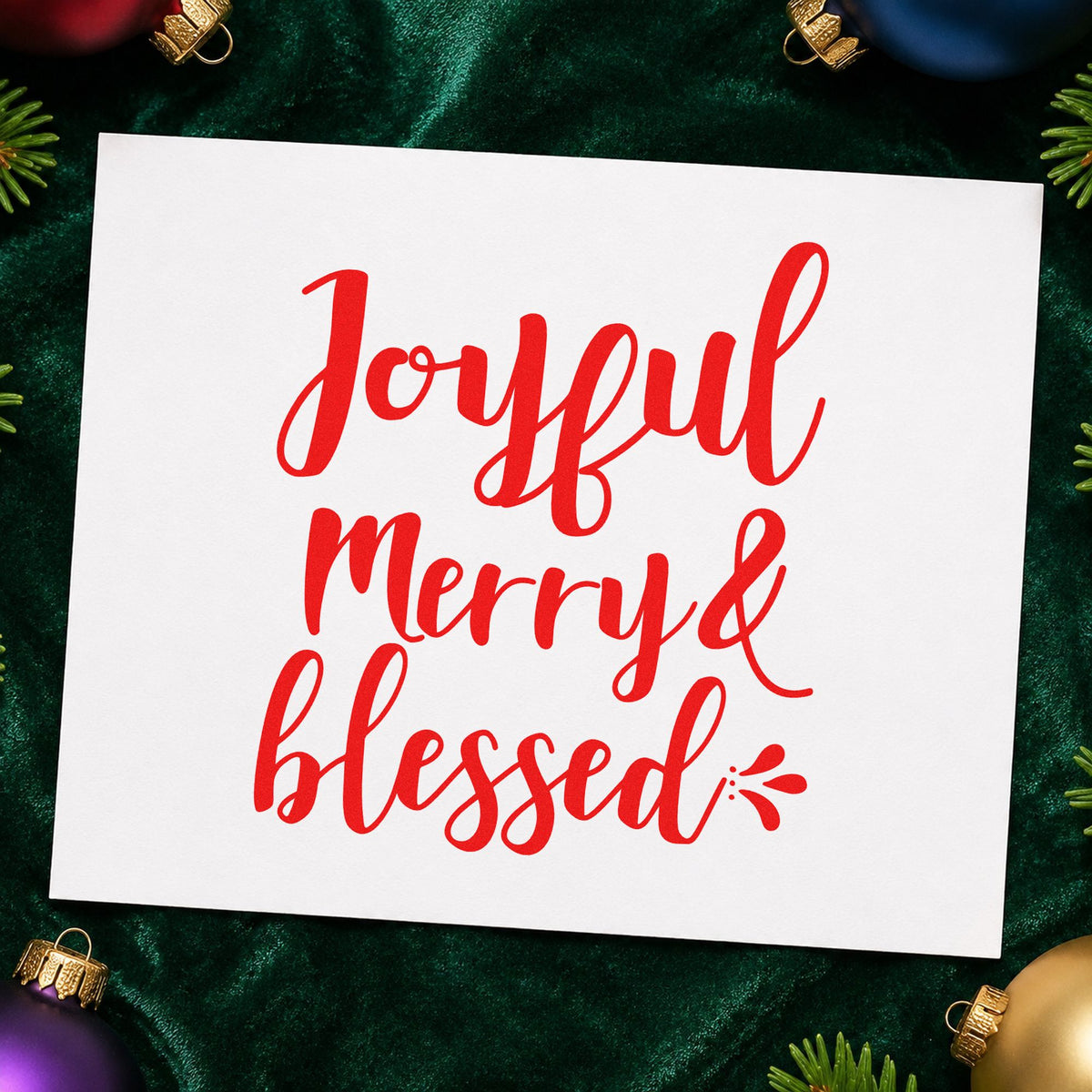 Joyful Merry And Blessed craft stamp in red ink on cardstock, an easy option for prayer shawl printing.