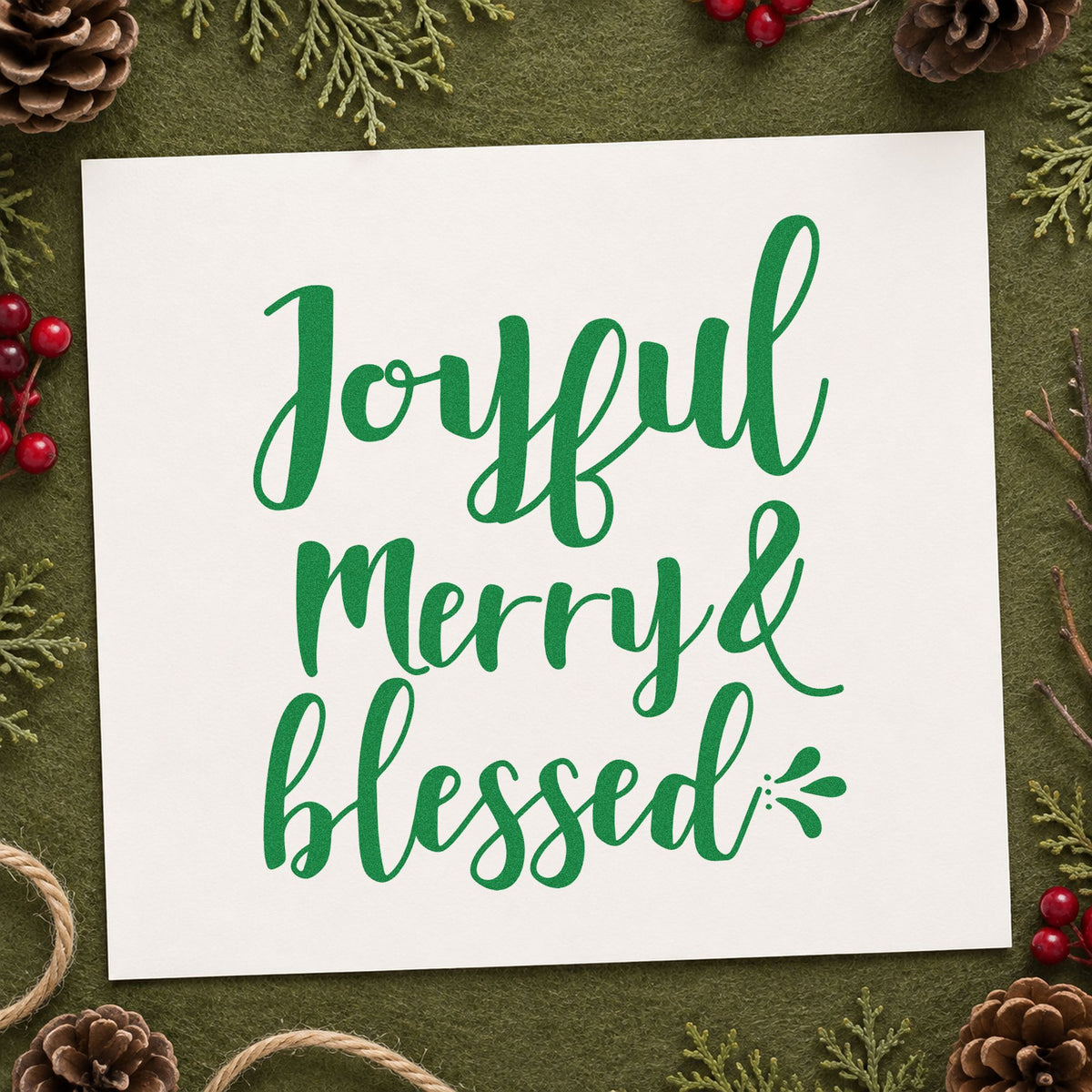 Joyful Merry And Blessed craft stamp imprinted in green ink on paper, a design suited to framed foyer bench.