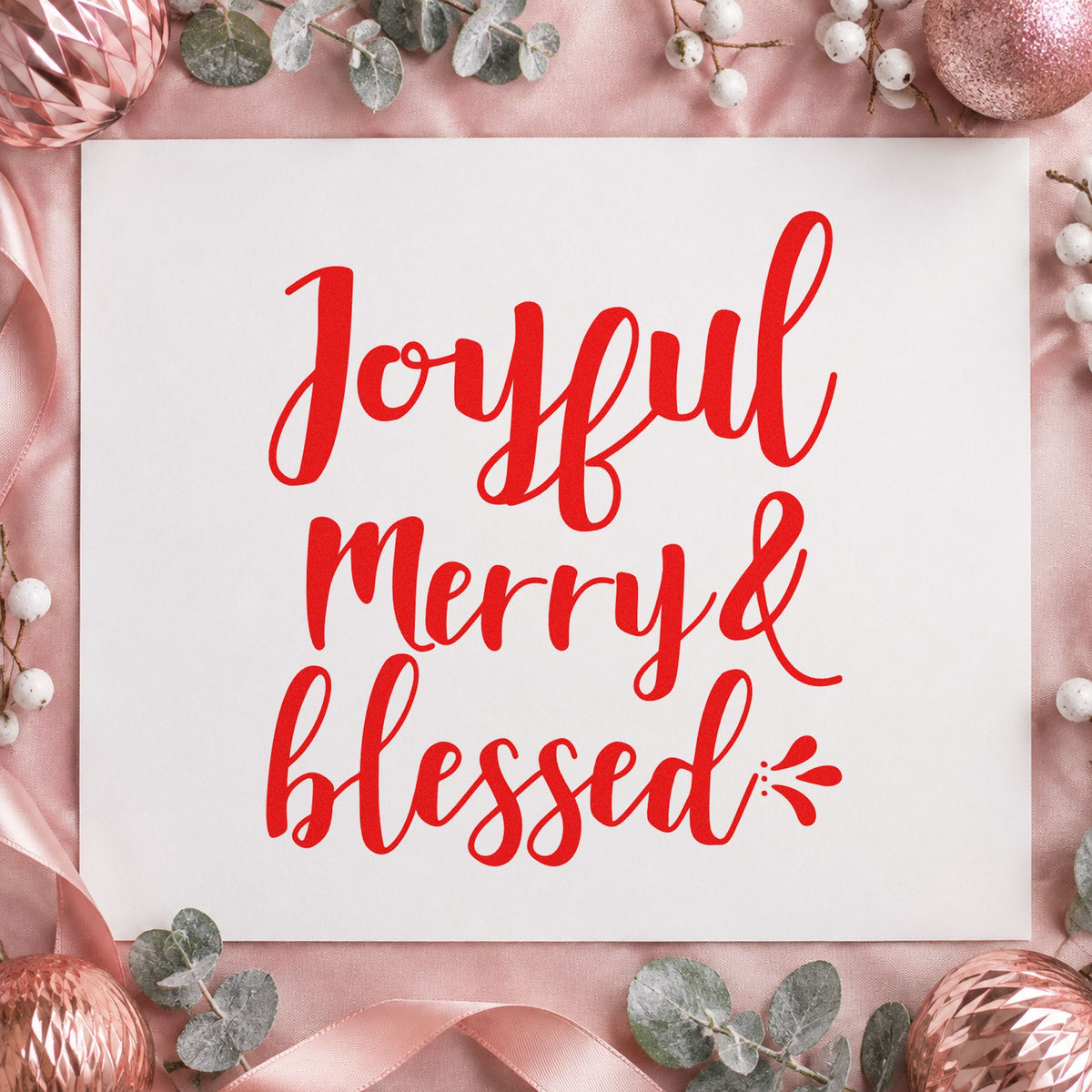 Joyful Merry And Blessed rubber stamp shown in red ink, stamped for projects such as care bin labels.