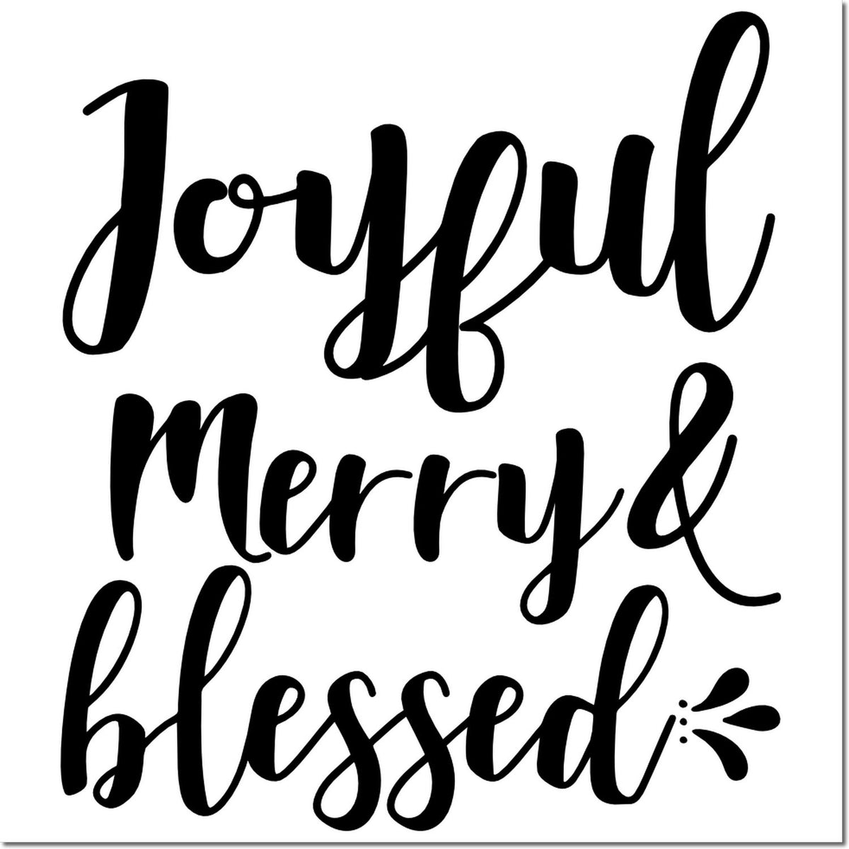 Black cursive stamp and seal design reading joyful merry blessed with a decorative accent on a white background.