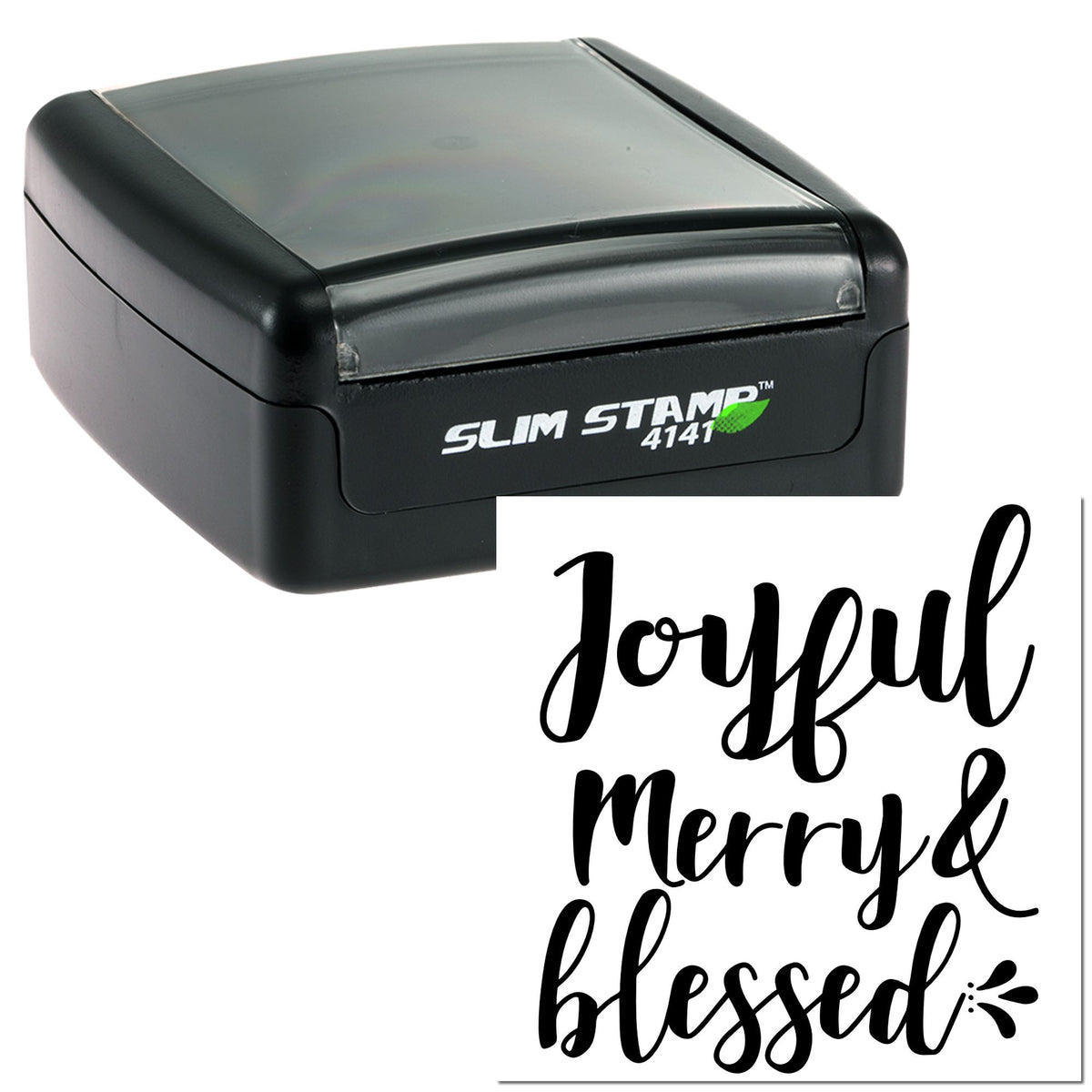 Black Slim Stamp 4141 self-inking stamp beside a white seal with black script reading joyful, merry & blessed.