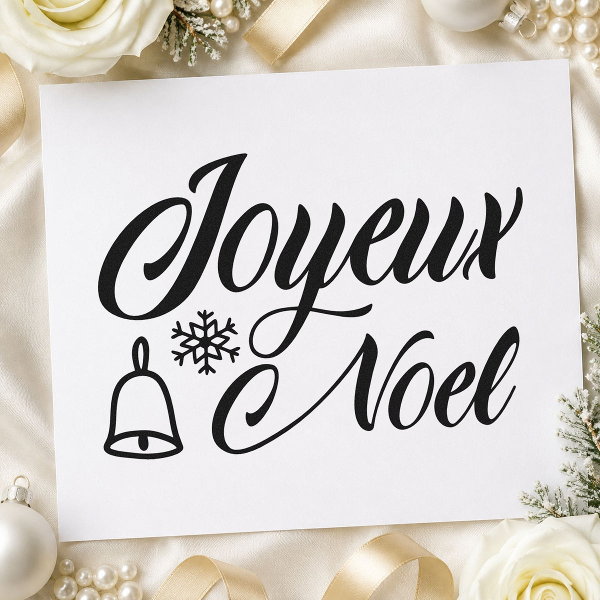 Joyeux Noel Bell Snowflake rubber stamp printed in black ink, ready for joyeux noel cards and similar paper crafts.