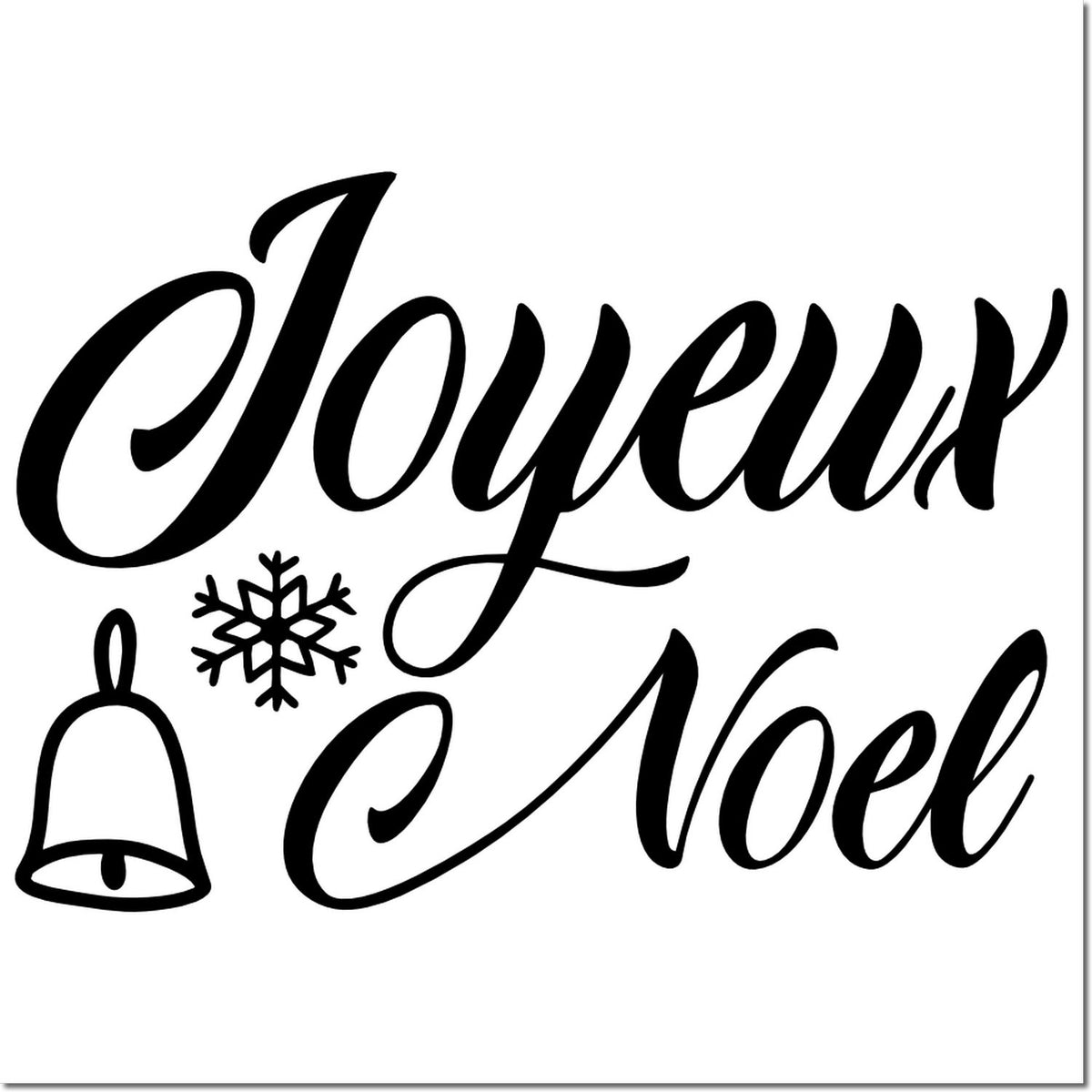 Black Joyeux Noel holiday stamp and seal design with bell and snowflake in cursive script on white background.
