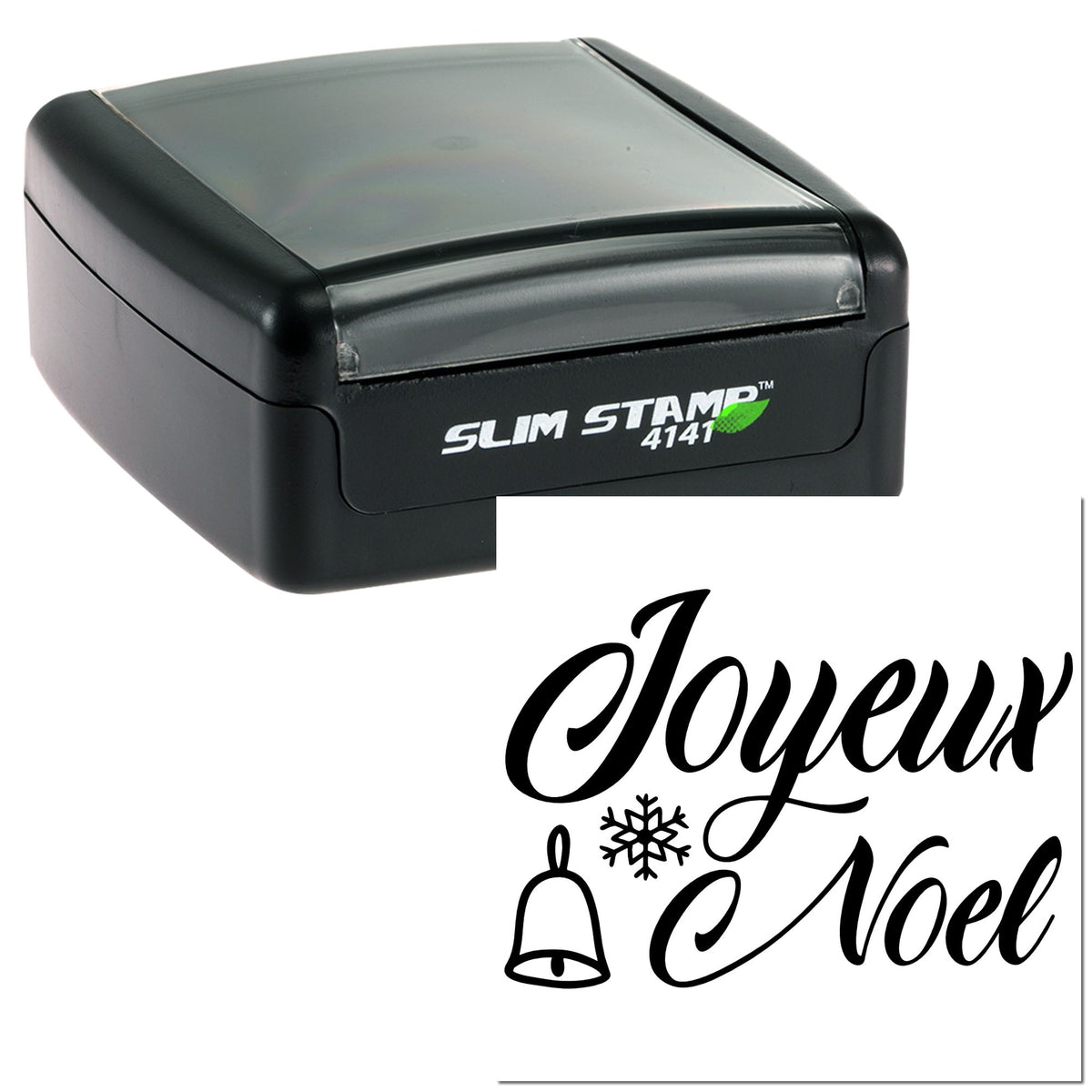 Black self-inking stamp and holiday seal with Joyeux Noël, bell and snowflake in black on white.