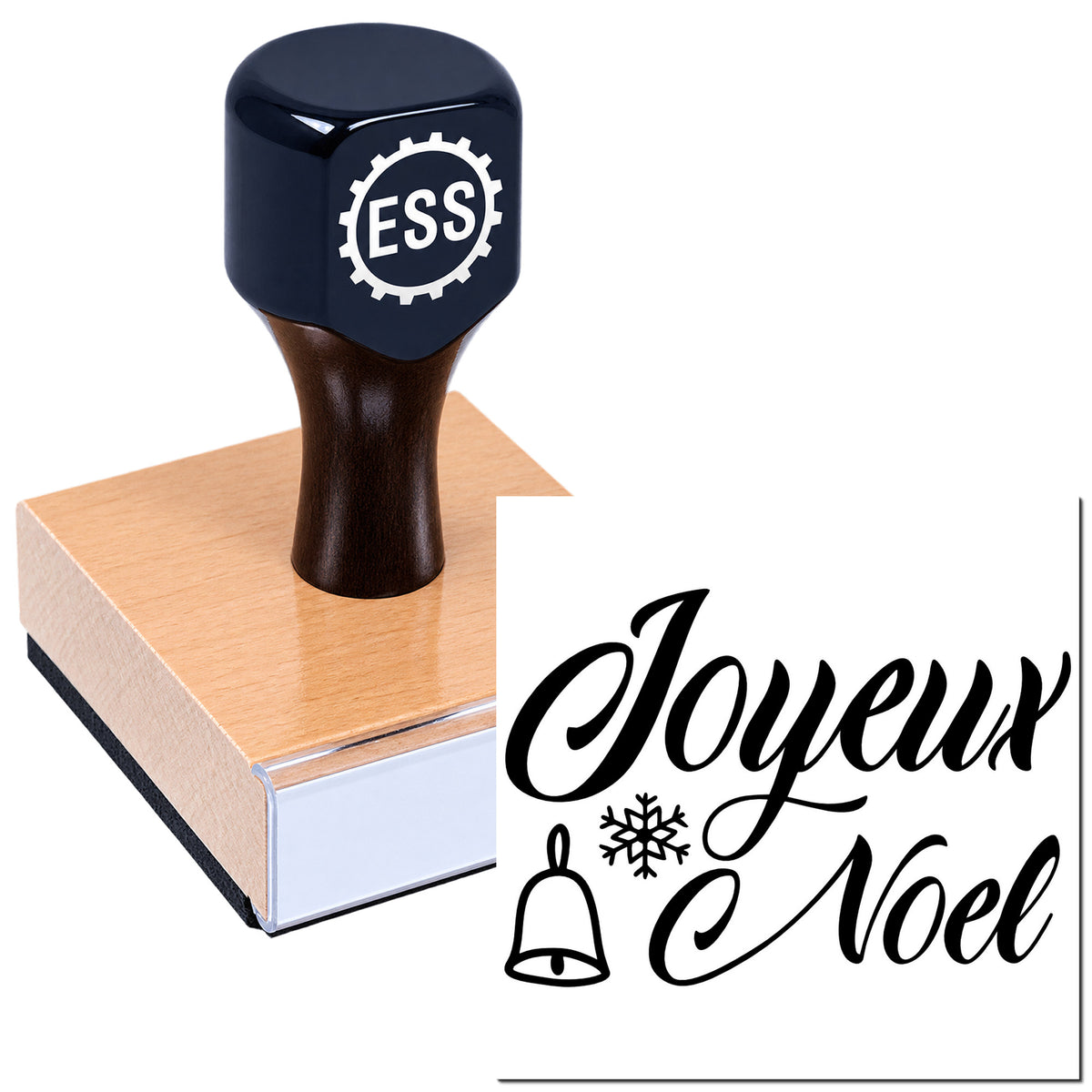 Black ESS custom stamp on wooden base beside a white Joyeux Noel seal with bell and snowflake.