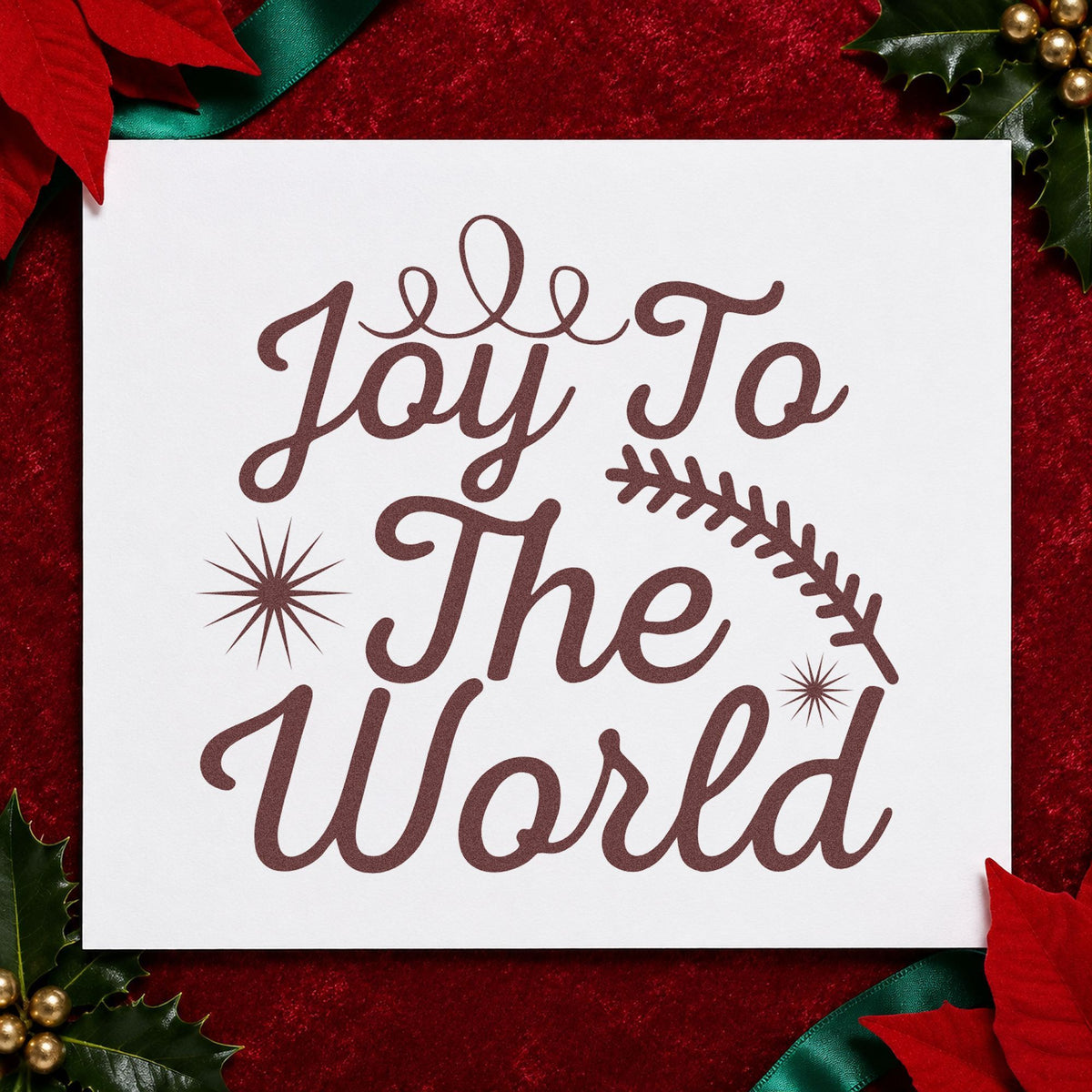 Joy To The World Sprig rubber stamp printed in brown ink, ready for planting log sheet and similar paper crafts.