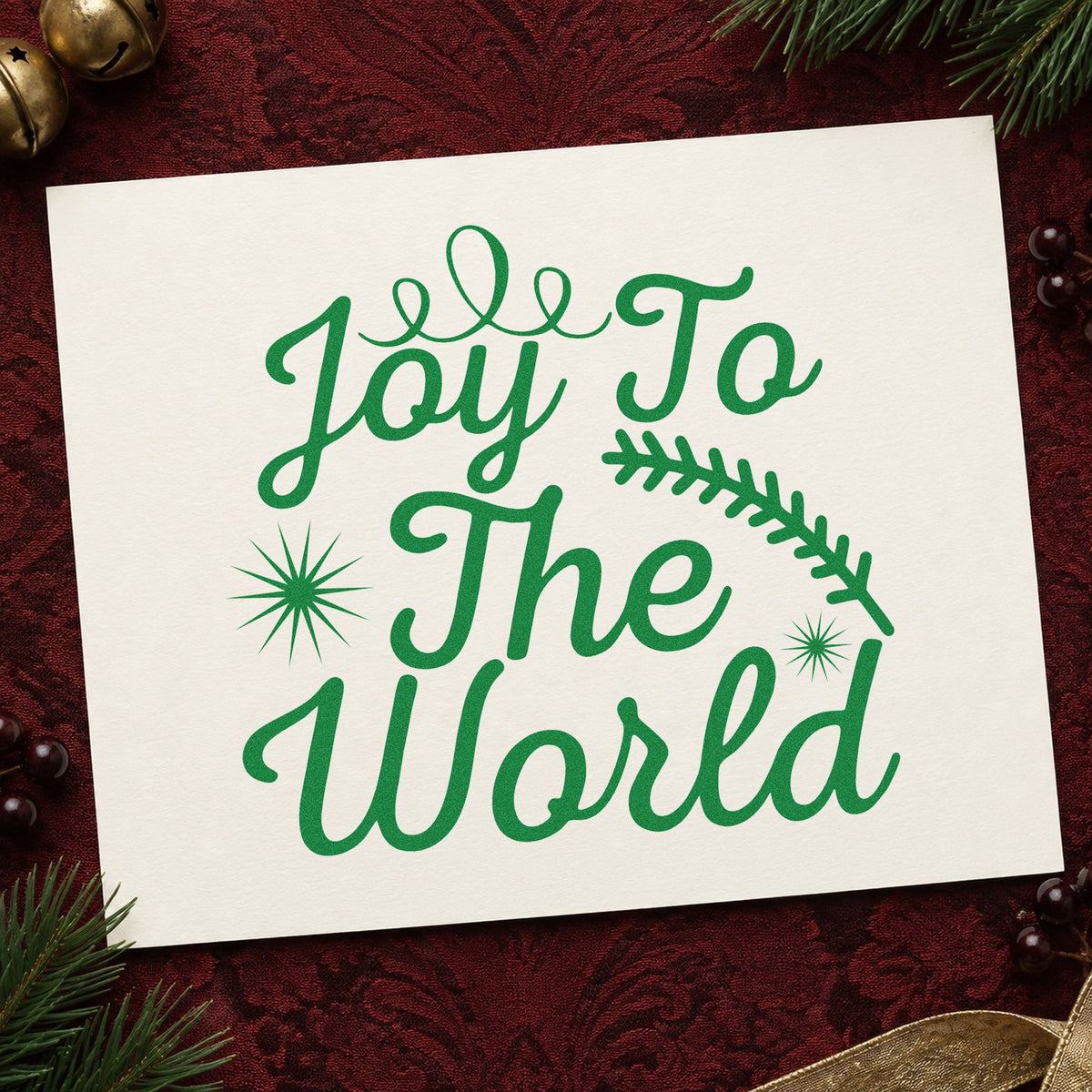 Joy To The World Sprig craft stamp imprinted in green ink on paper, a design suited to framed ranger station.