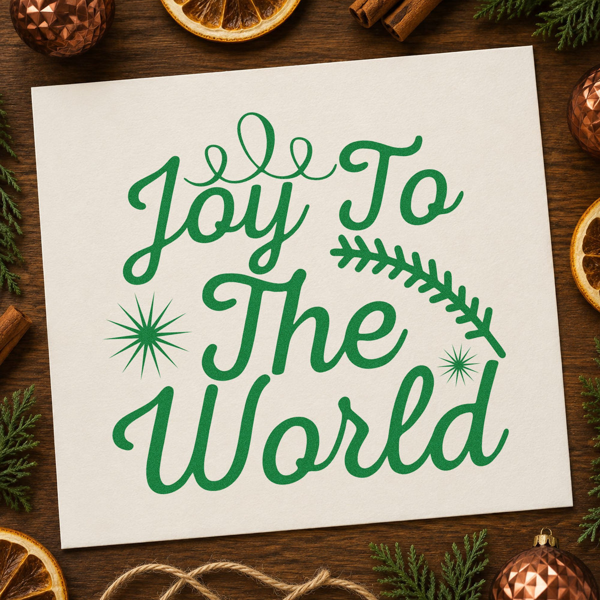 Joy To The World Sprig craft stamp imprint in green ink on a handmade project, one idea being donor thank cards.