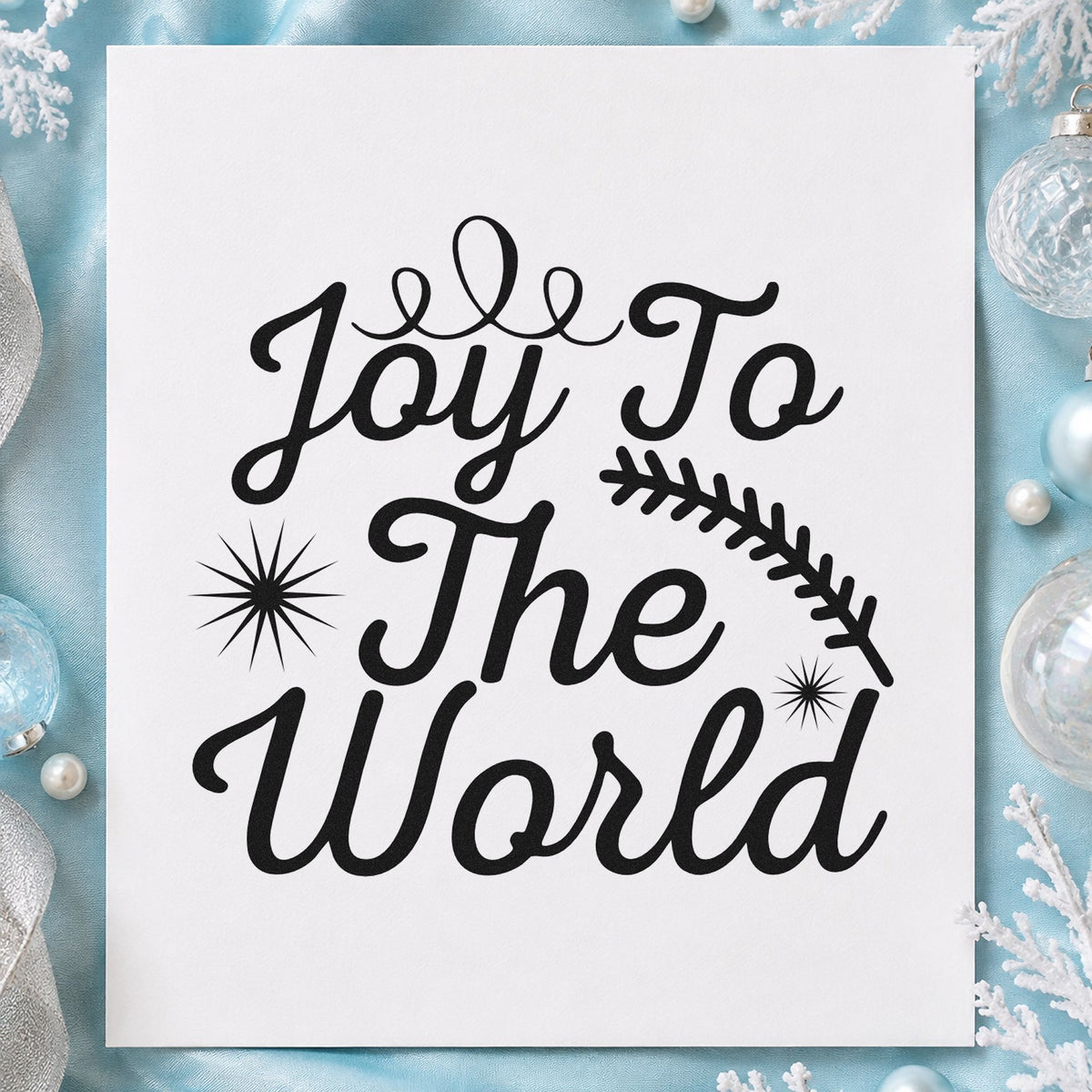 Joy To The World Sprig rubber stamp printed in black ink, ready for evergreen sprig cards and similar paper crafts.