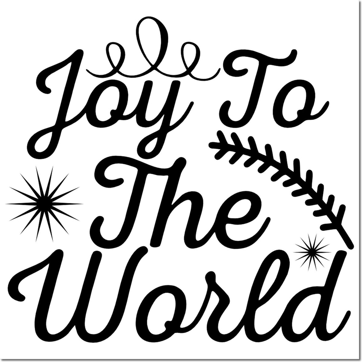 Black Joy To The World holiday stamp design with script lettering, starbursts, and a pine branch on white.