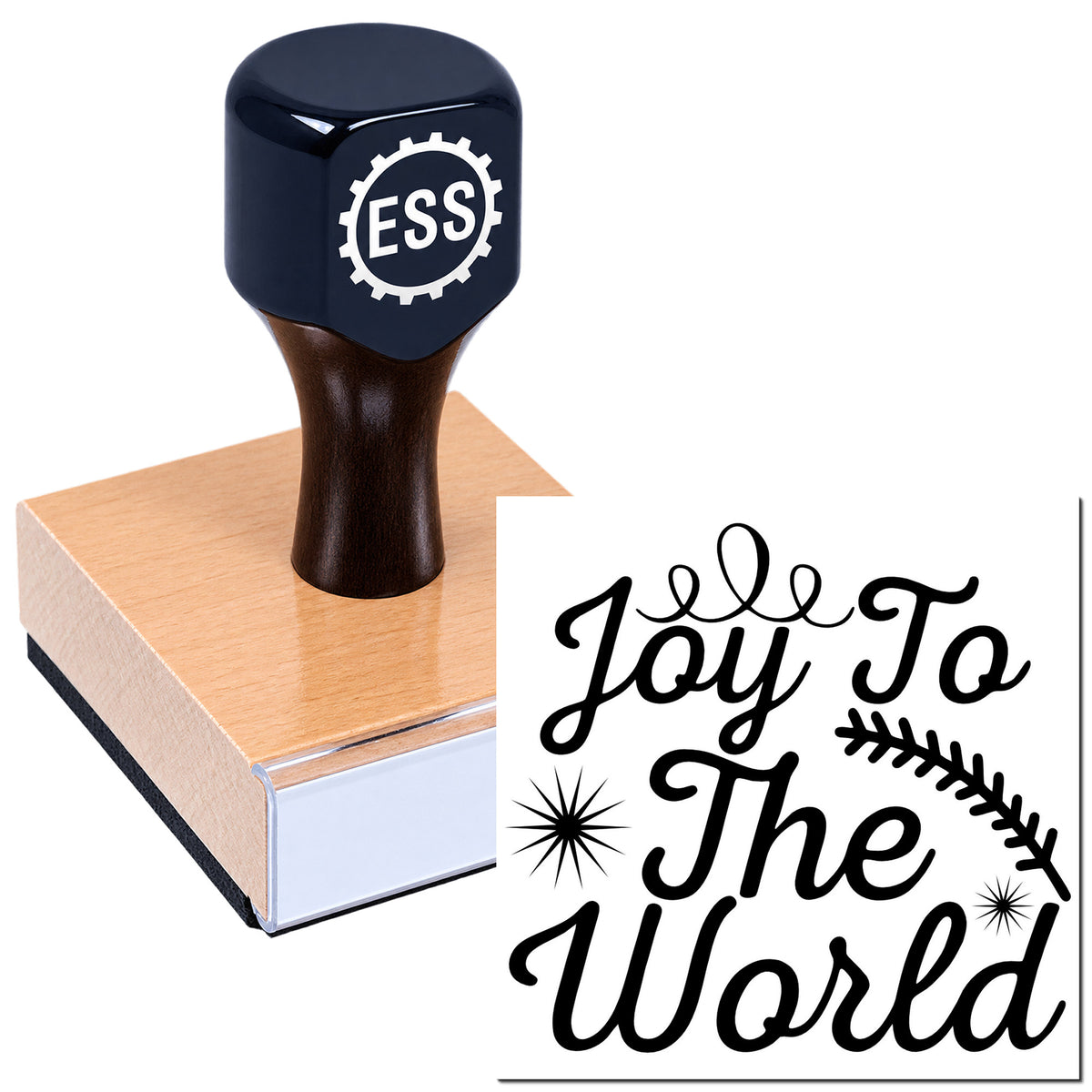 Dark blue rubber stamp and seal set with brown base, ESS logo, and black "Joy To The World" design on white.