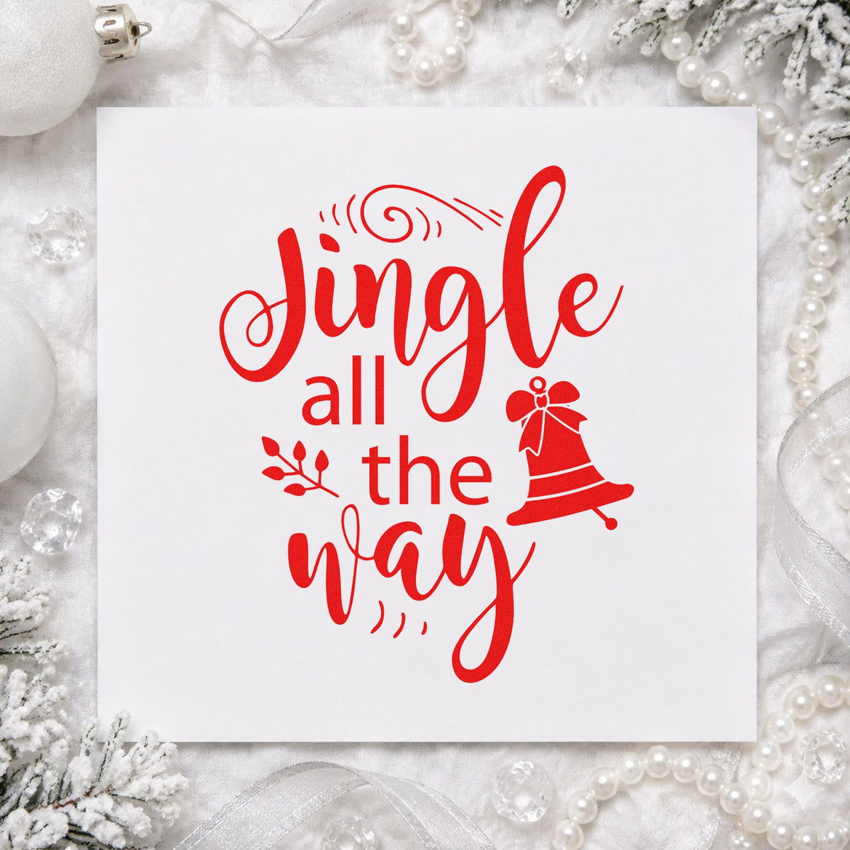 Jingle All The Way Bell rubber stamp shown in red ink, stamped for projects such as trim spool labels.