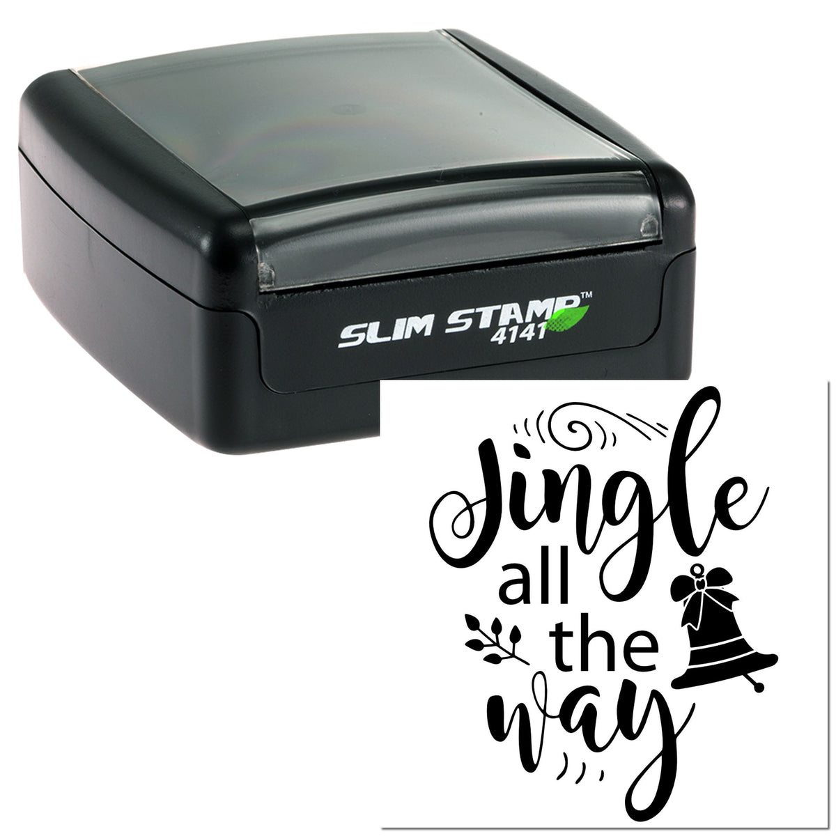 Black Slim Stamp self-inking stamp in black with clear cover, plus a black Jingle all the way holiday seal design with bell icon.