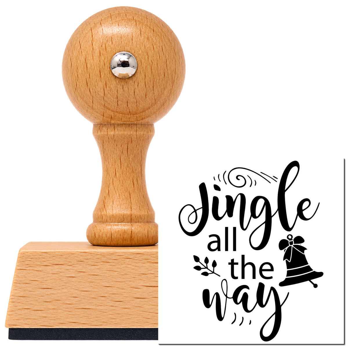 Vintage Pro beech wood stamp with a round knob handle, shown with its black Jingle All The Way Bell imprint on white.