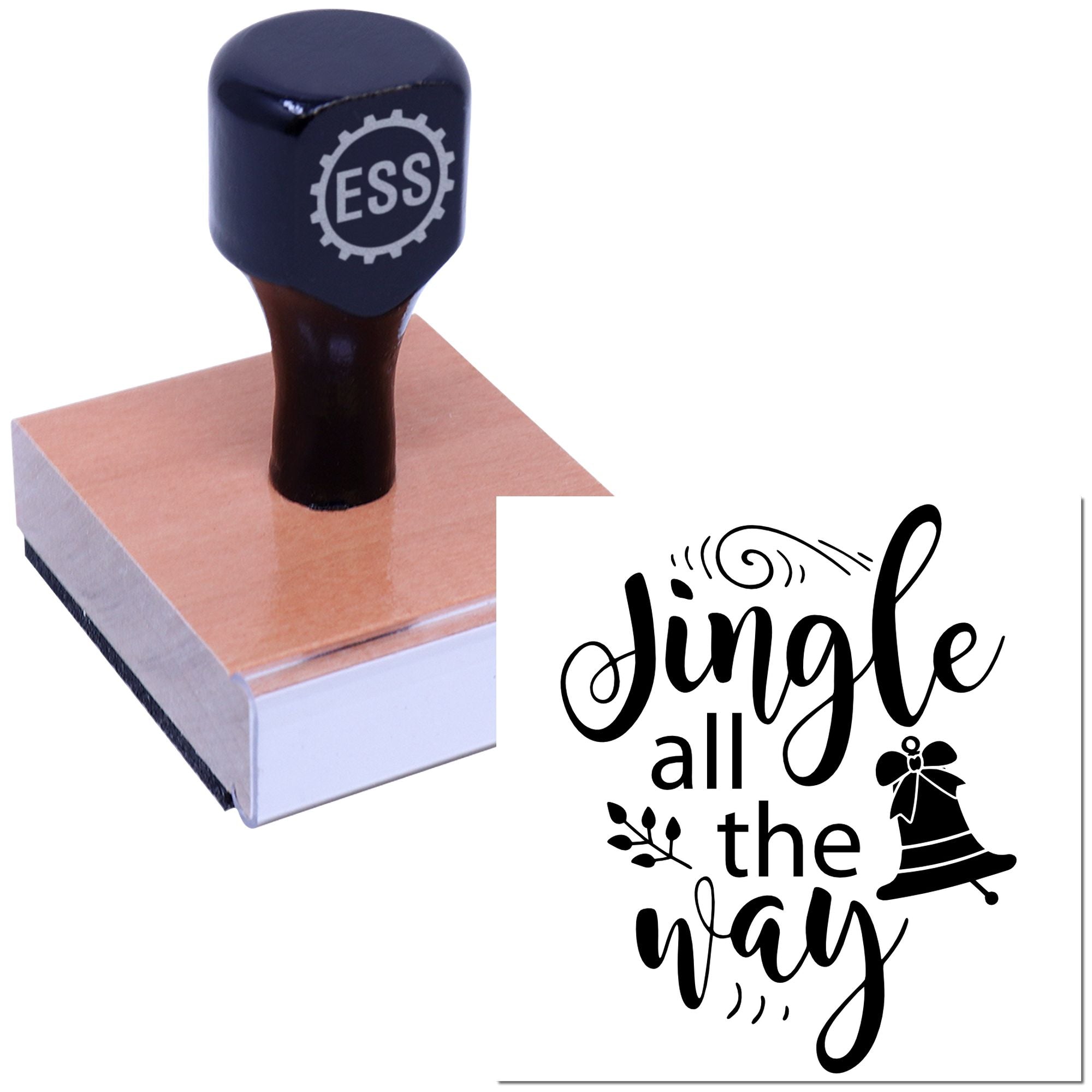 Black ESSL stamp and seal on a wood block with Jingle all the Way bell design in black and white.