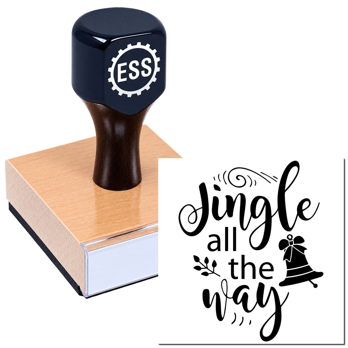 Black ESSL stamp and seal on a wood block with "Jingle all the Way" bell design in black and white.
