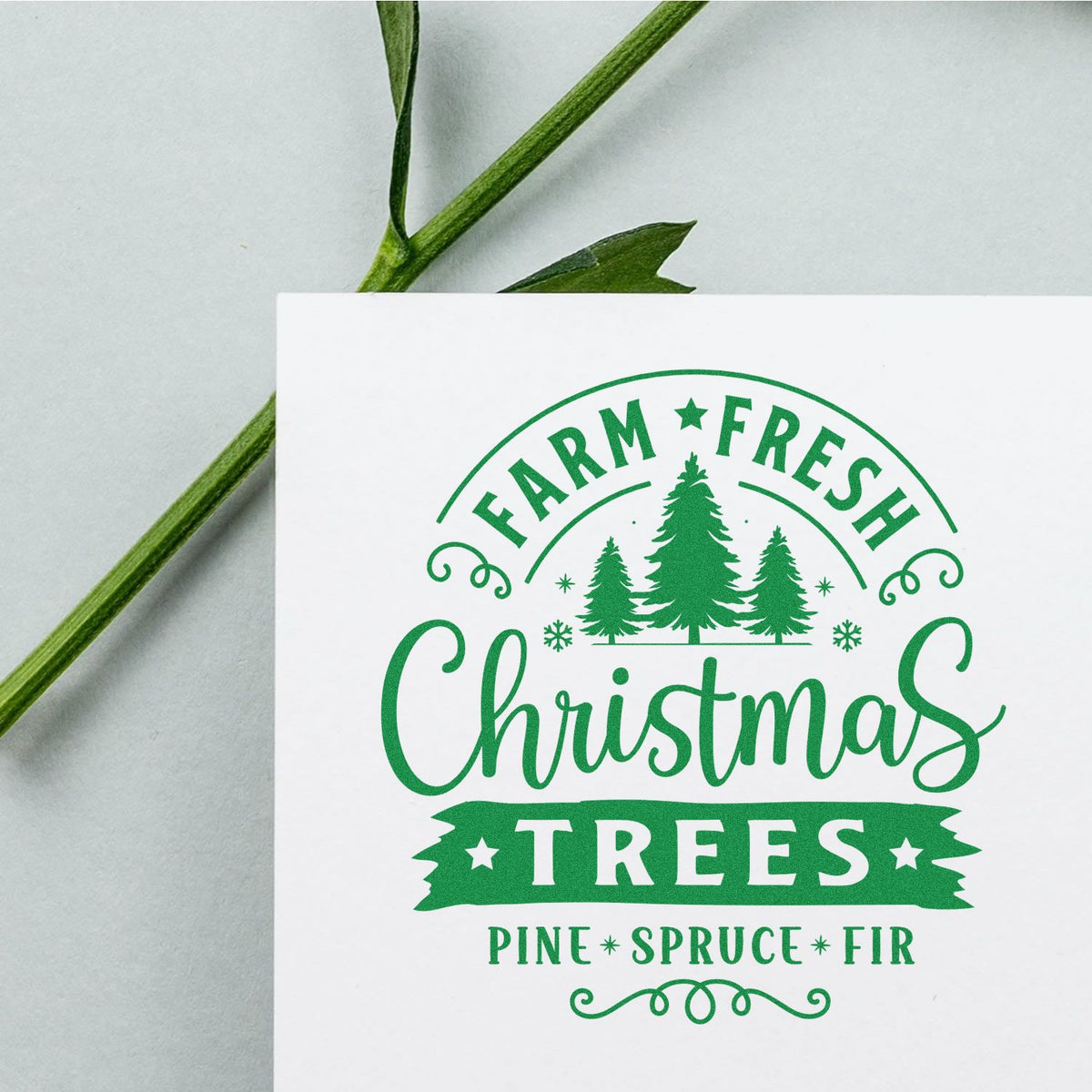 Green Farm Fresh Christmas Trees stamp and seal on white card, with pine tree design and pine branches.