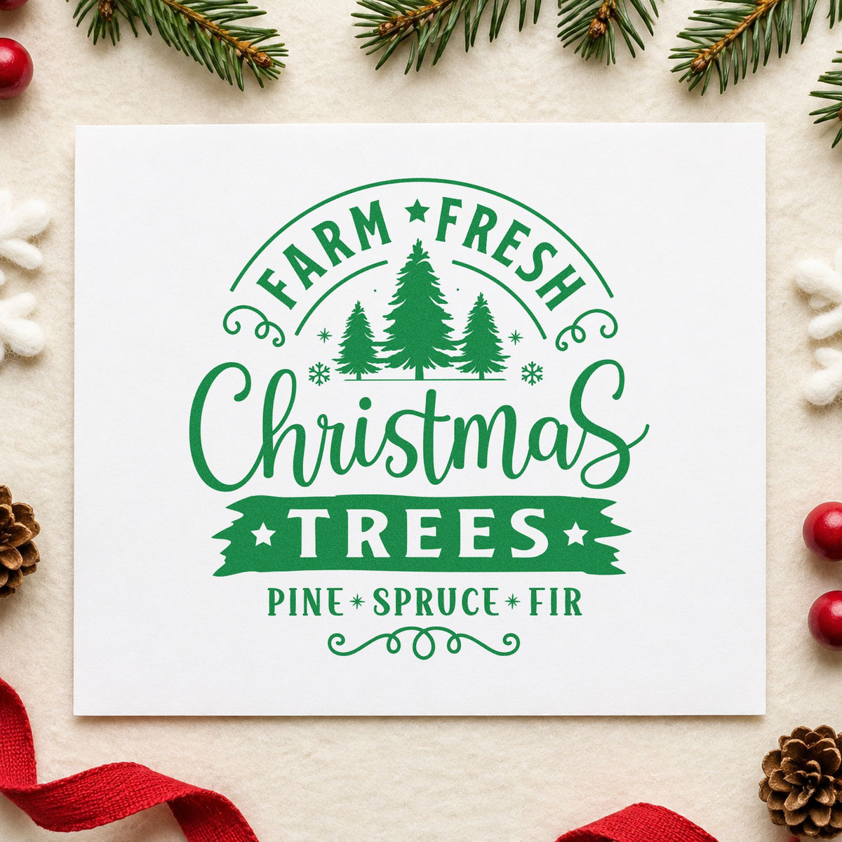 Farm Fresh Christmas Trees Badge craft stamp imprint in green ink on a handmade project, one idea being evening sale tags.