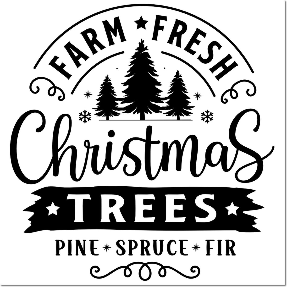 Black-and-white Christmas tree farm stamp design with pine, spruce, and fir trees, stars, and decorative lettering.